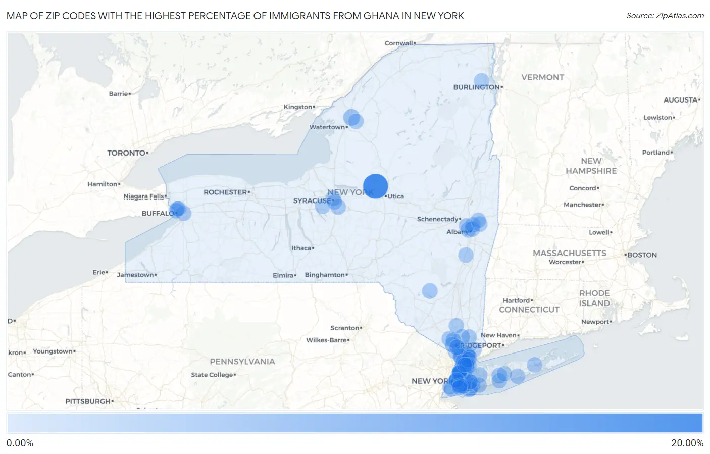Zip Codes with the Highest Percentage of Immigrants from Ghana in New York Map