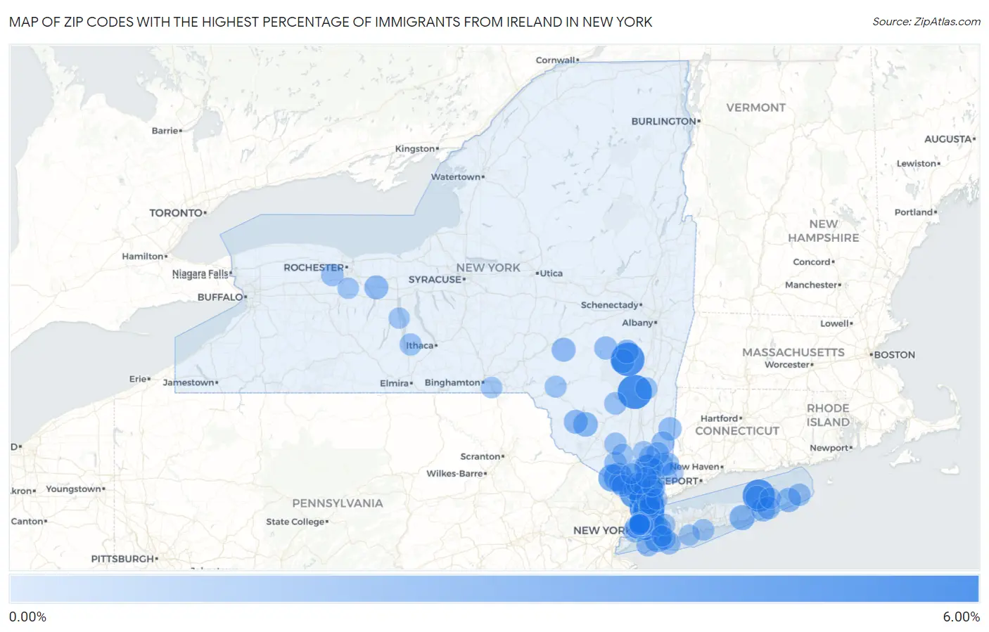 Zip Codes with the Highest Percentage of Immigrants from Ireland in New York Map