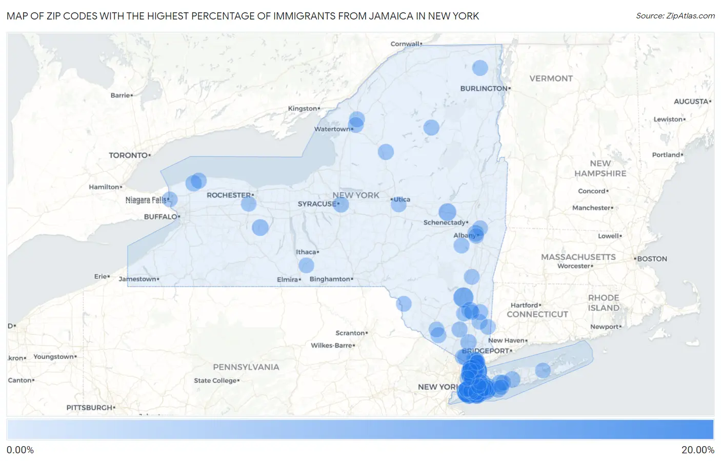 Zip Codes with the Highest Percentage of Immigrants from Jamaica in New York Map