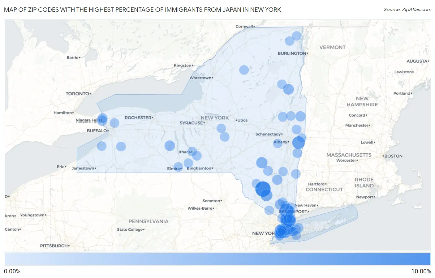 Zip Codes with the Highest Percentage of Immigrants from Japan in New York Map