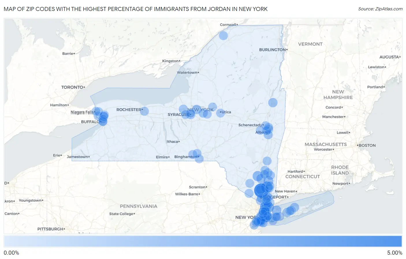 Zip Codes with the Highest Percentage of Immigrants from Jordan in New York Map