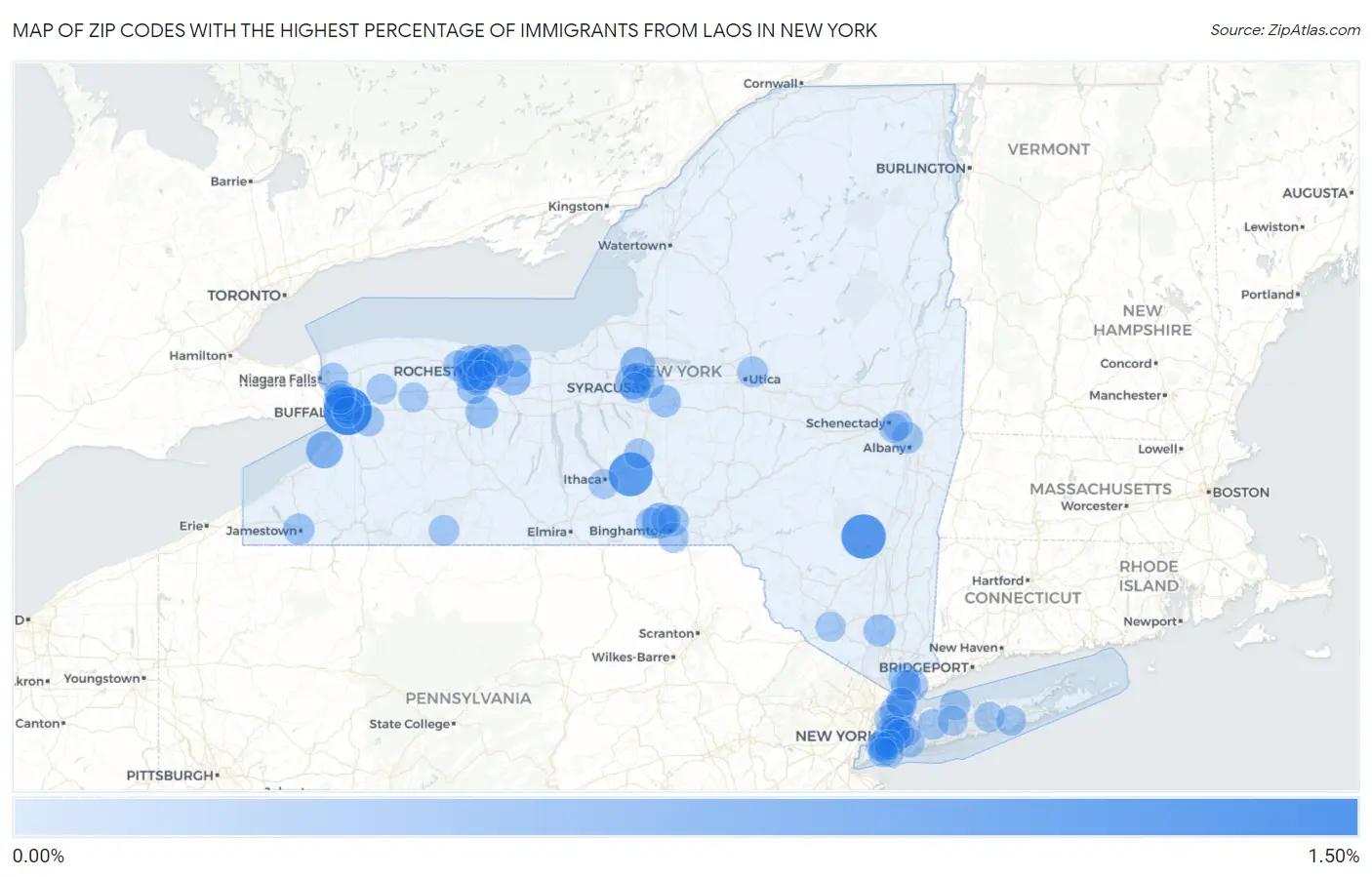 Zip Codes with the Highest Percentage of Immigrants from Laos in New York Map