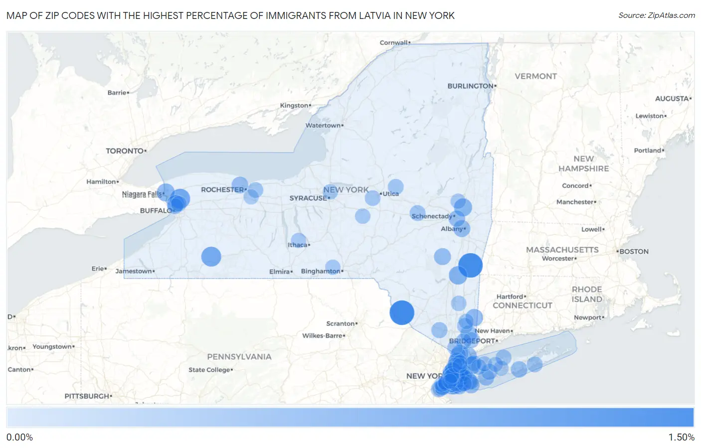 Zip Codes with the Highest Percentage of Immigrants from Latvia in New York Map