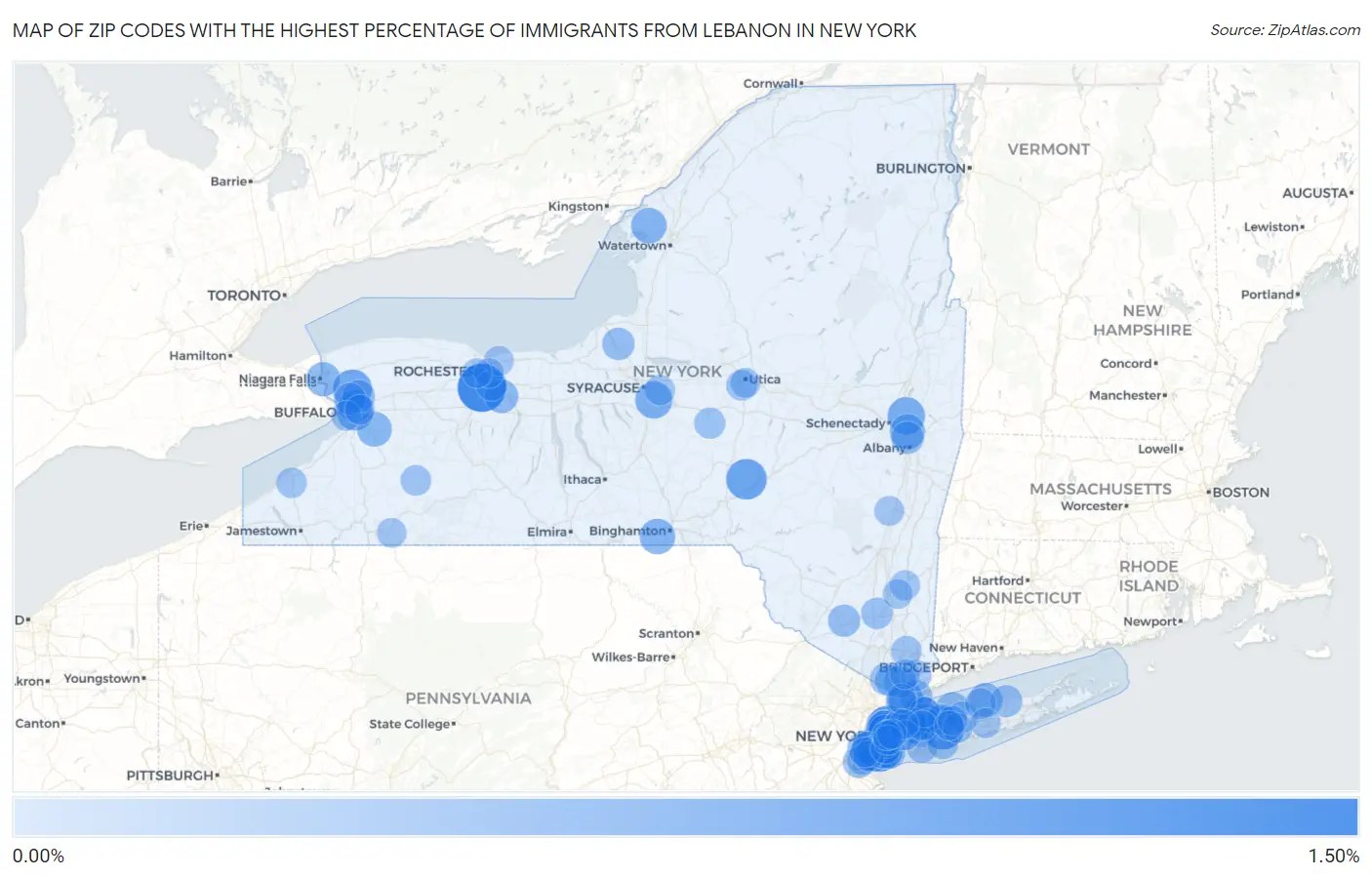 Zip Codes with the Highest Percentage of Immigrants from Lebanon in New York Map