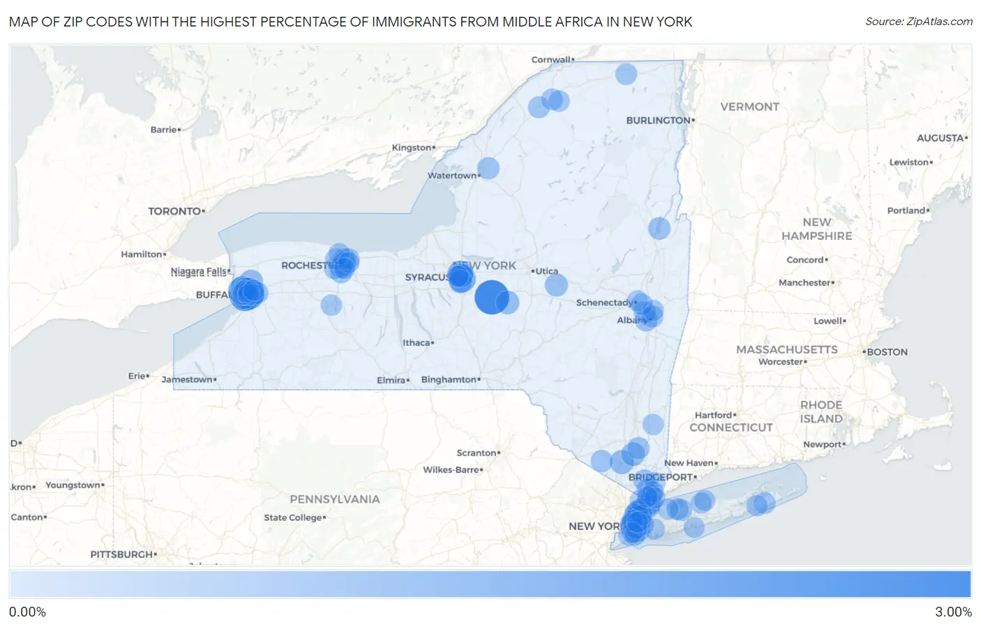 Zip Codes with the Highest Percentage of Immigrants from Middle Africa in New York Map