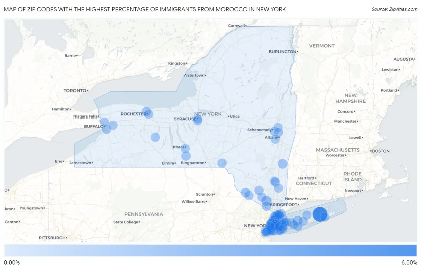 Zip Codes with the Highest Percentage of Immigrants from Morocco in New York Map