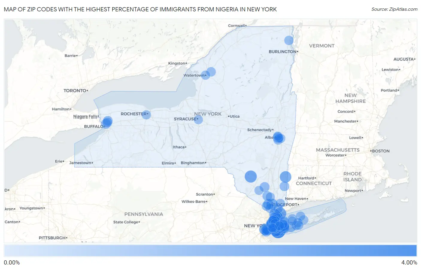 Zip Codes with the Highest Percentage of Immigrants from Nigeria in New York Map