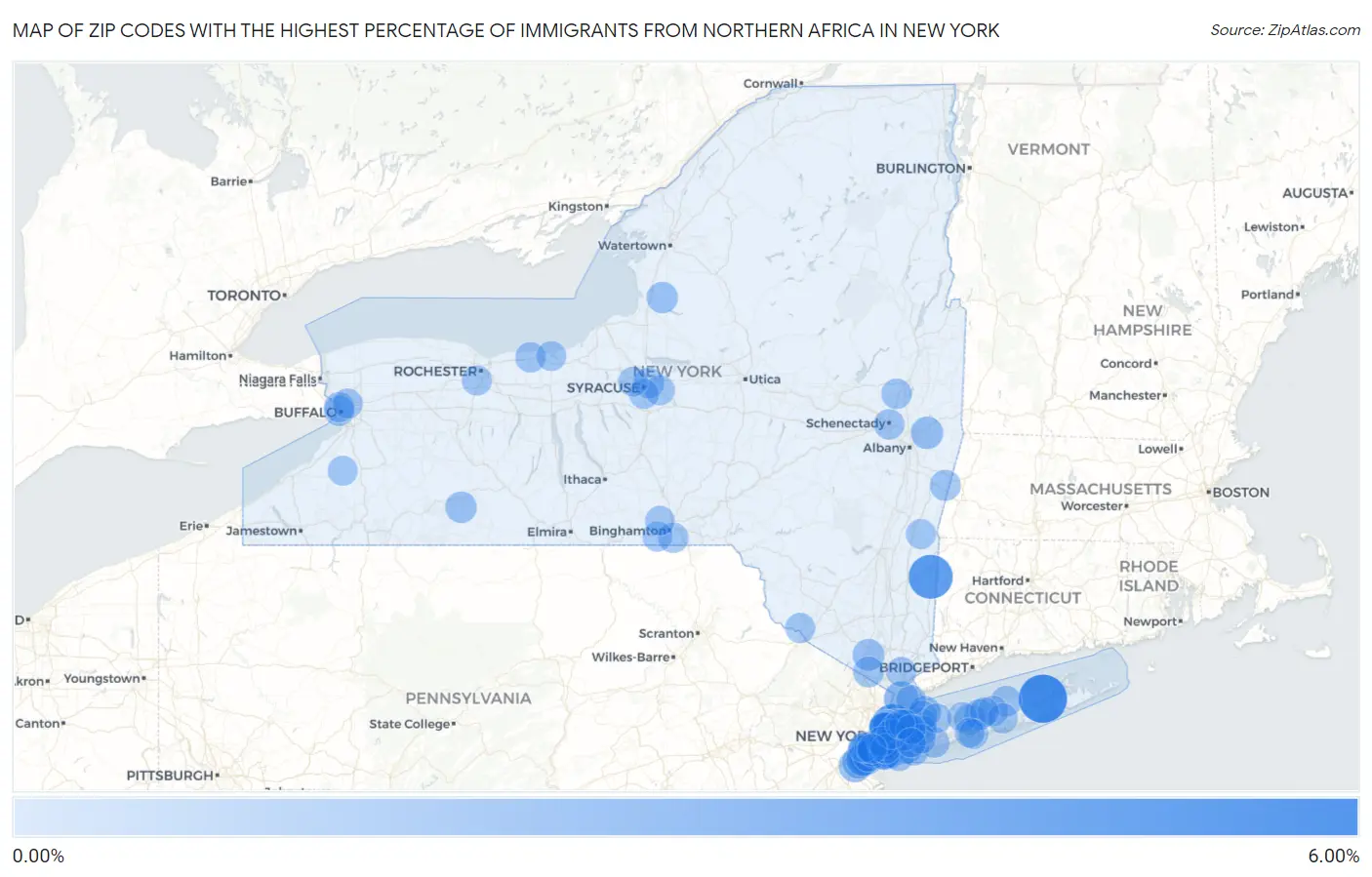 Zip Codes with the Highest Percentage of Immigrants from Northern Africa in New York Map