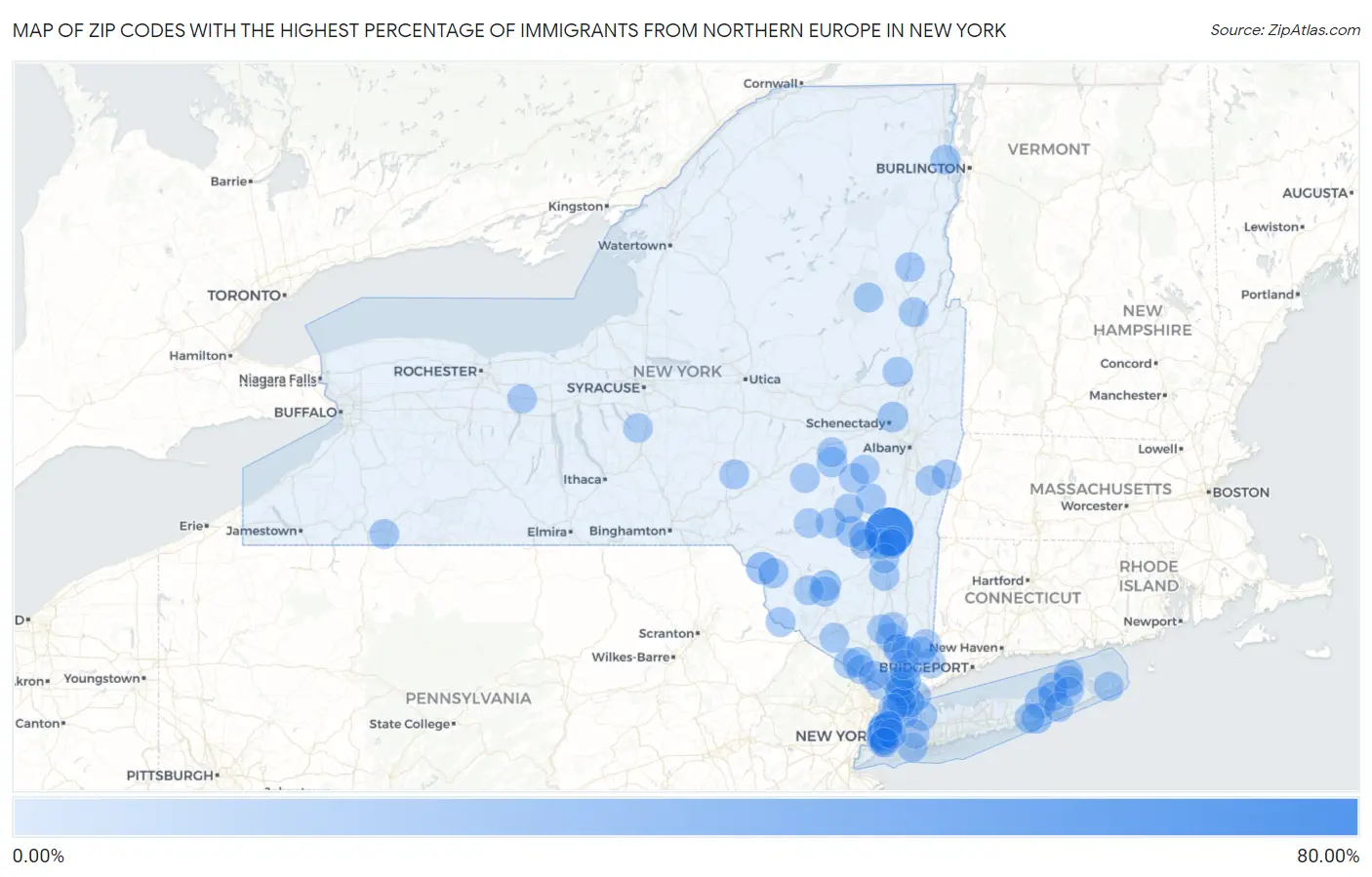 Zip Codes with the Highest Percentage of Immigrants from Northern Europe in New York Map