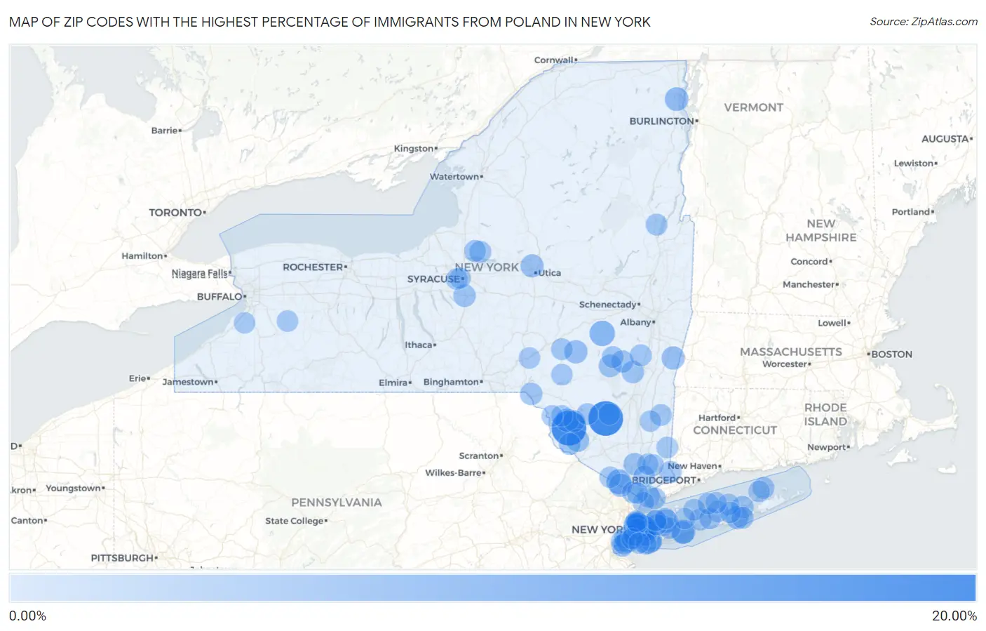 Zip Codes with the Highest Percentage of Immigrants from Poland in New York Map