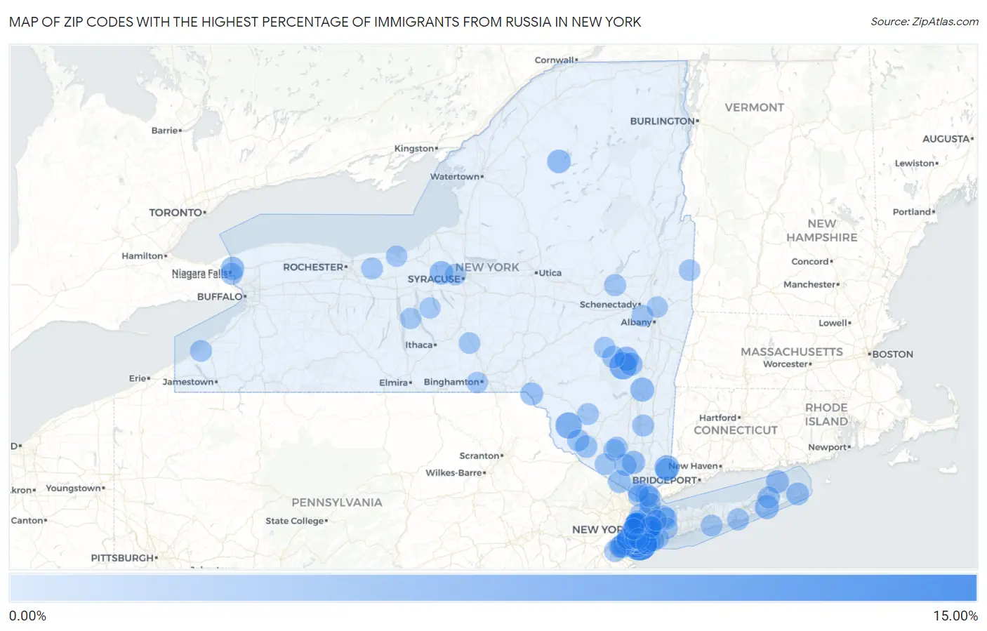 Zip Codes with the Highest Percentage of Immigrants from Russia in New York Map
