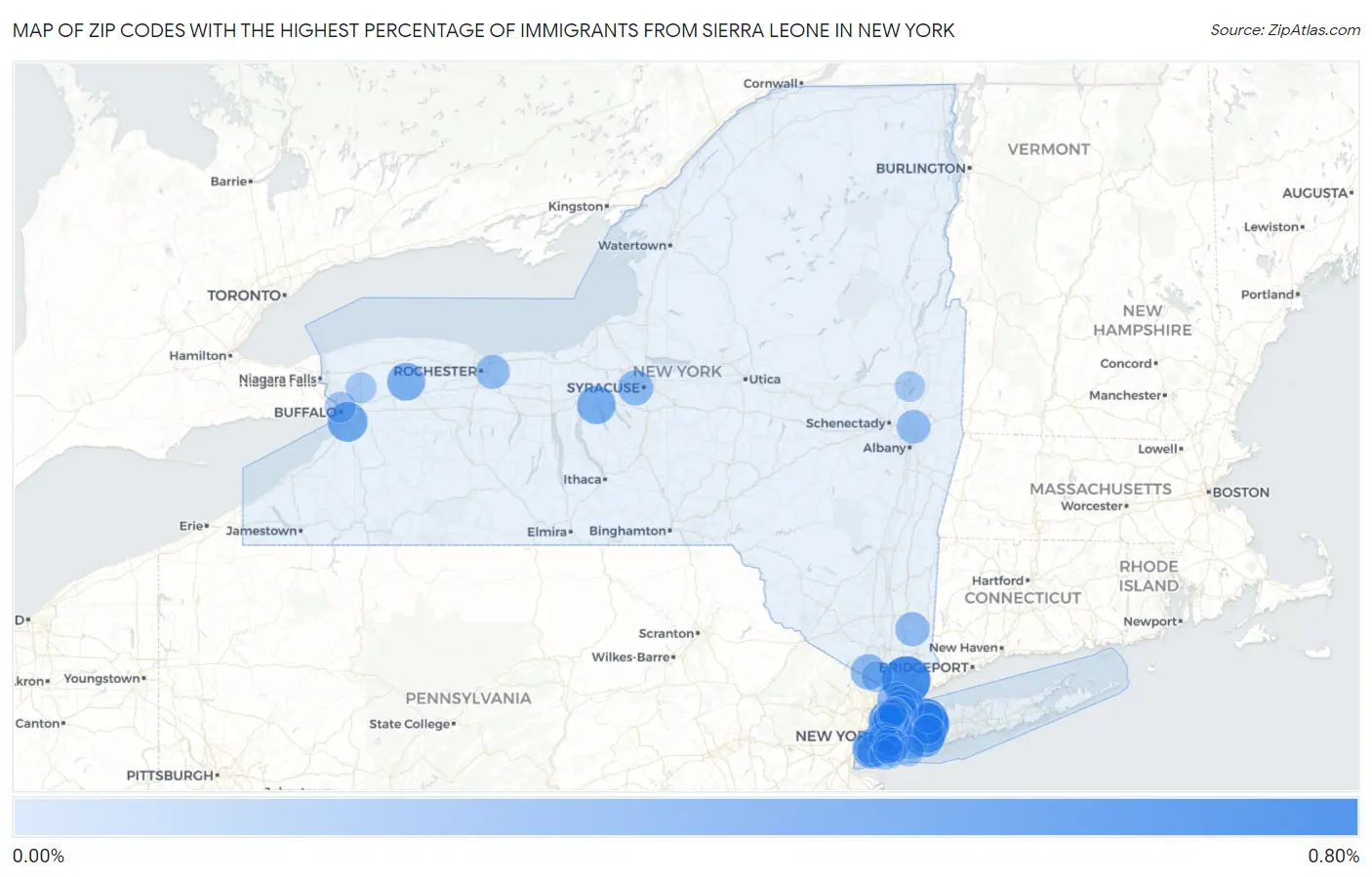 Zip Codes with the Highest Percentage of Immigrants from Sierra Leone in New York Map