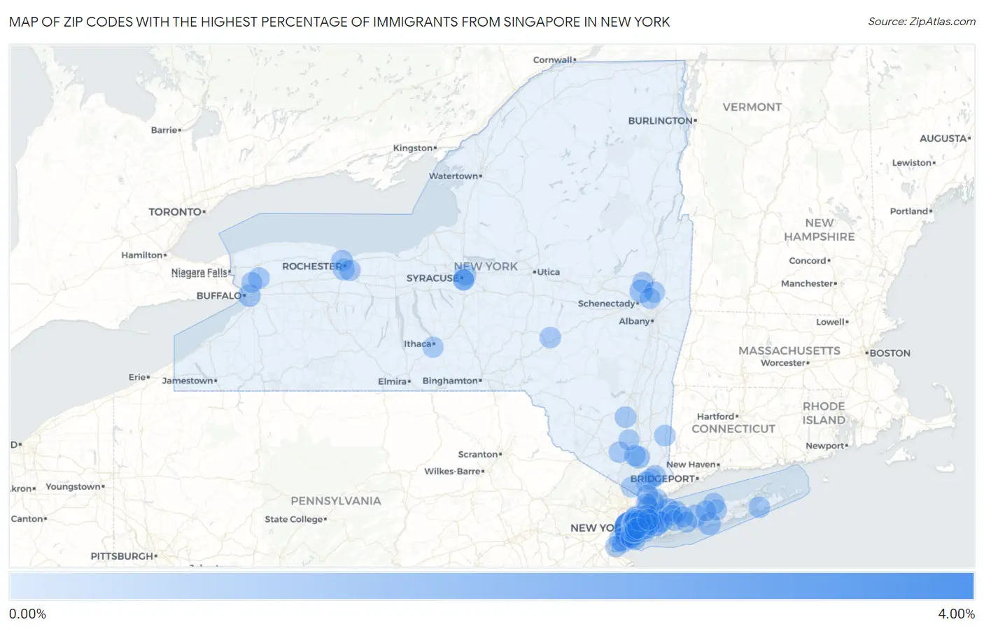 Zip Codes with the Highest Percentage of Immigrants from Singapore in New York Map