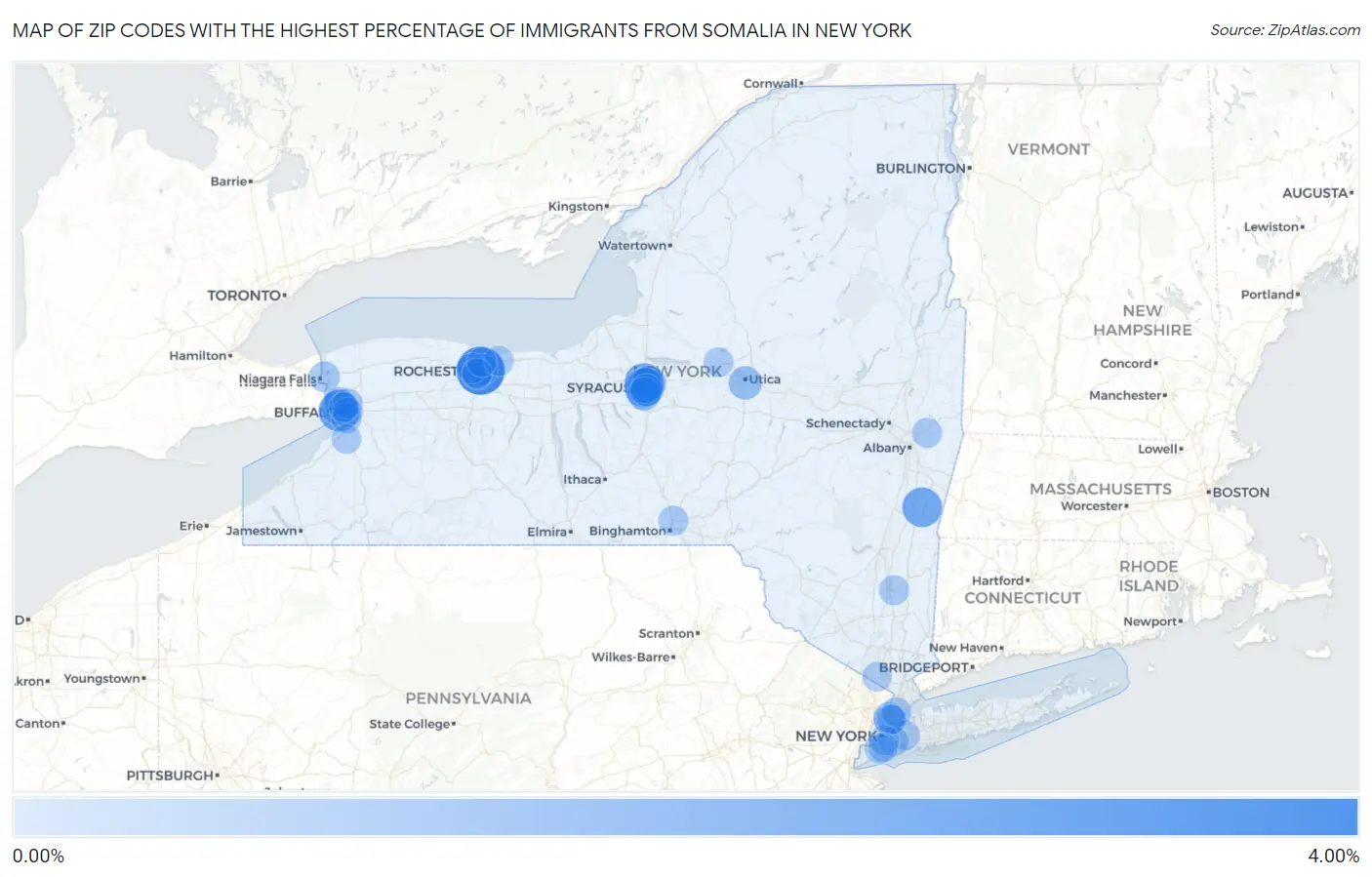 Zip Codes with the Highest Percentage of Immigrants from Somalia in New York Map