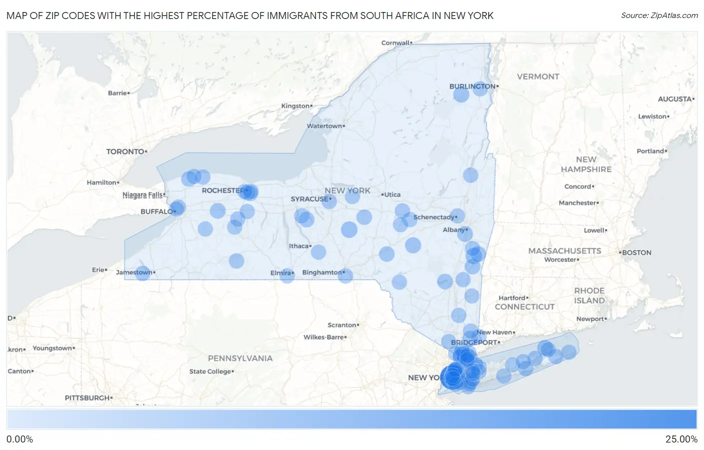 Zip Codes with the Highest Percentage of Immigrants from South Africa in New York Map