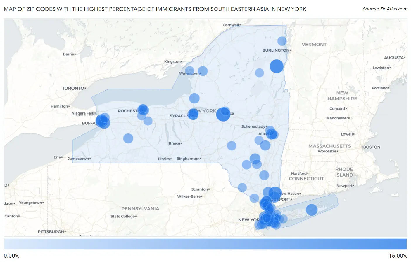 Zip Codes with the Highest Percentage of Immigrants from South Eastern Asia in New York Map