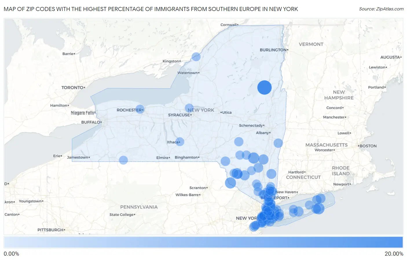 Zip Codes with the Highest Percentage of Immigrants from Southern Europe in New York Map