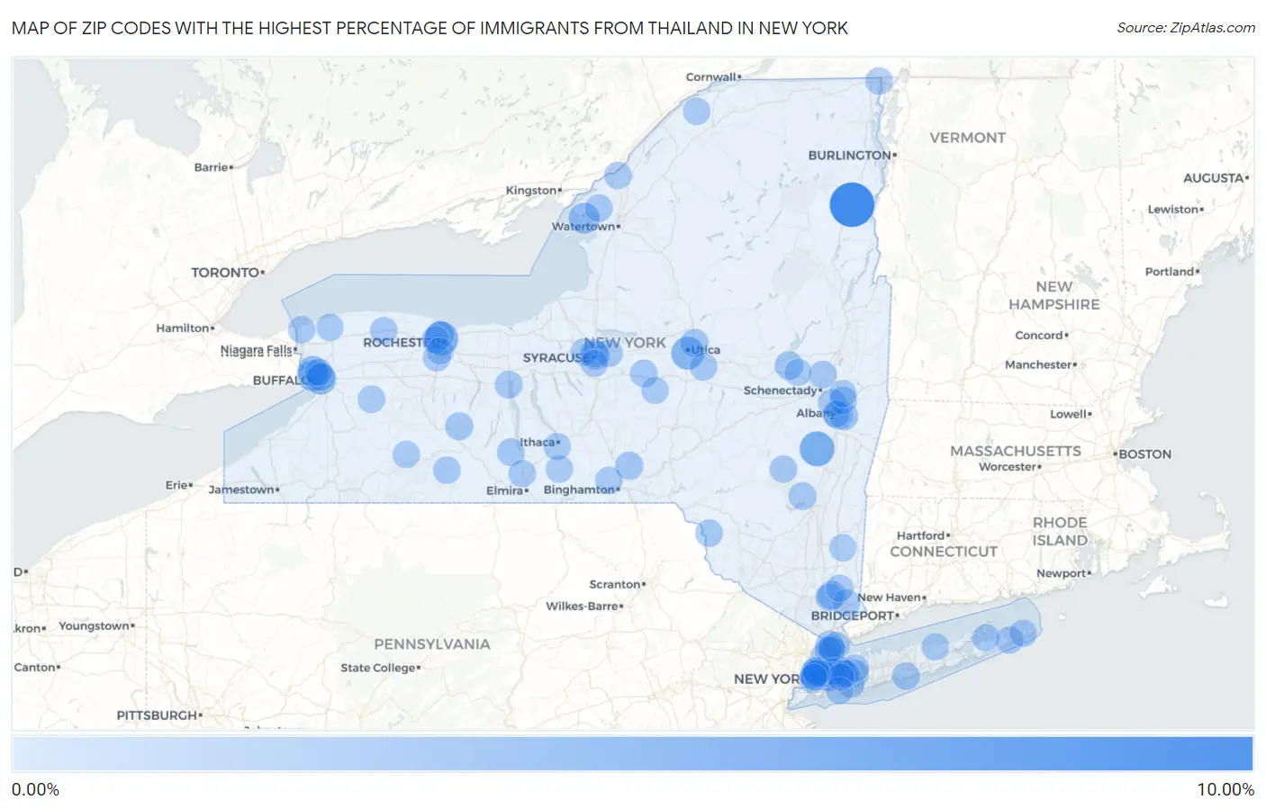 Zip Codes with the Highest Percentage of Immigrants from Thailand in New York Map