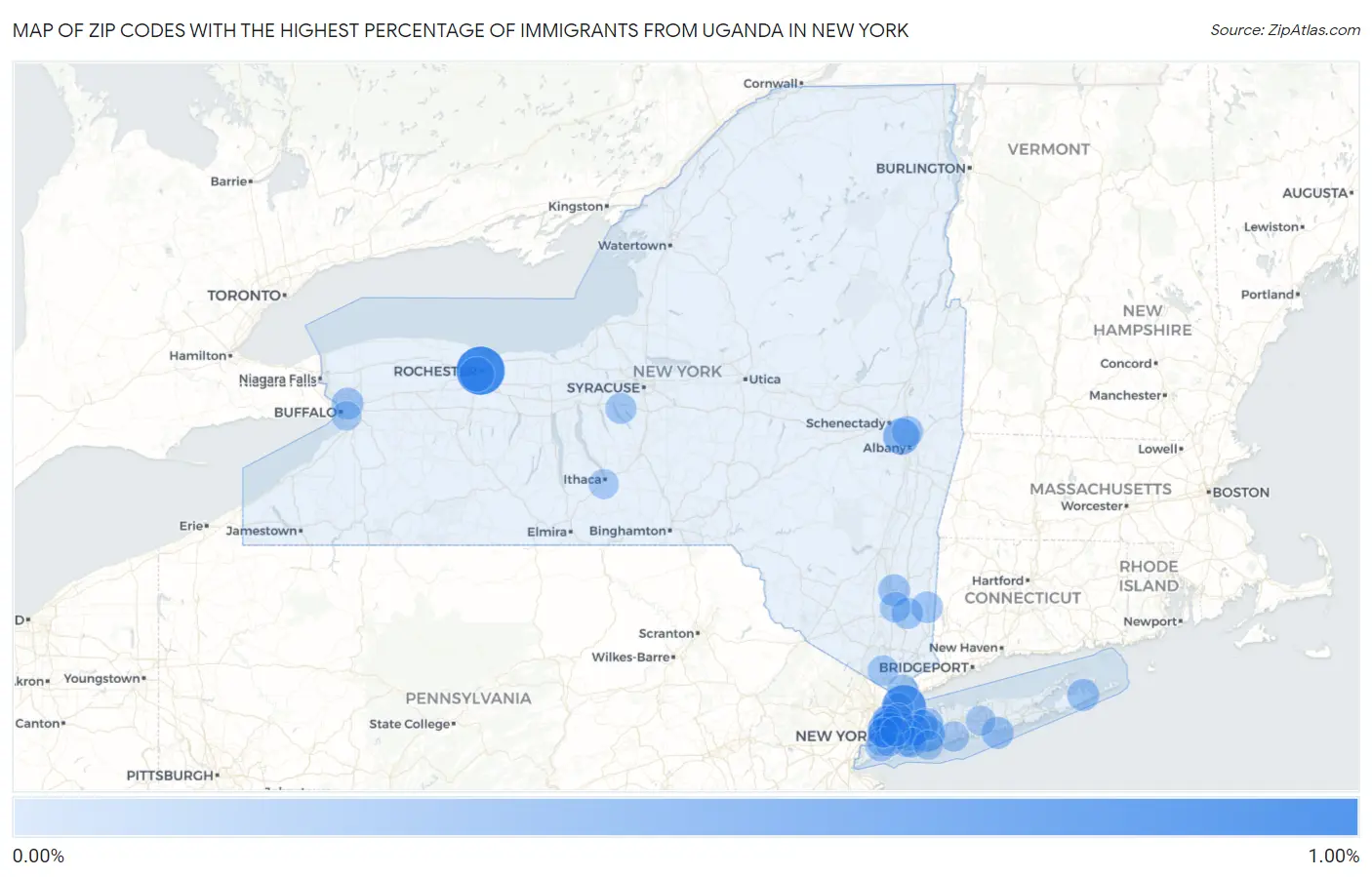 Zip Codes with the Highest Percentage of Immigrants from Uganda in New York Map
