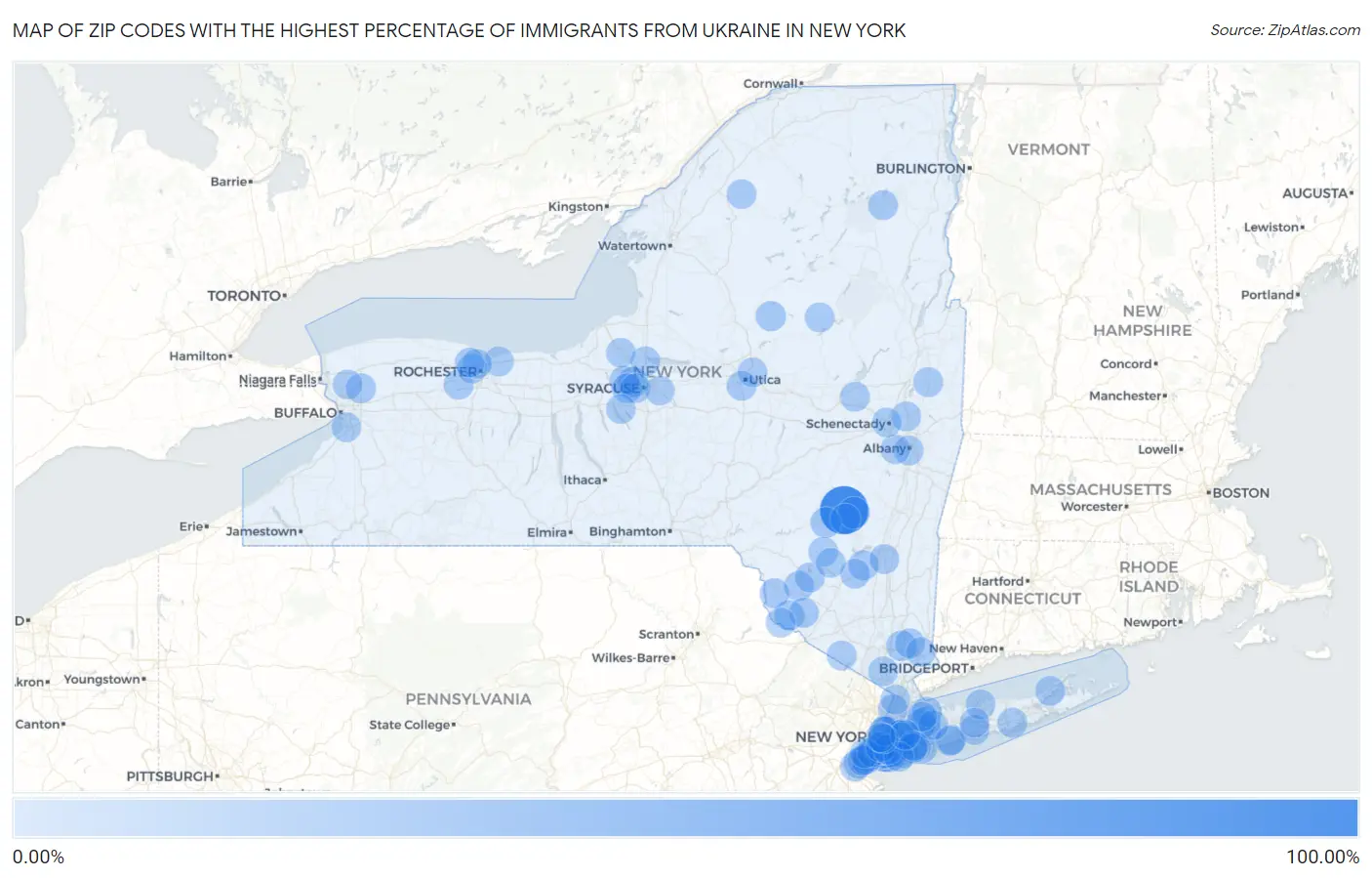 Zip Codes with the Highest Percentage of Immigrants from Ukraine in New York Map