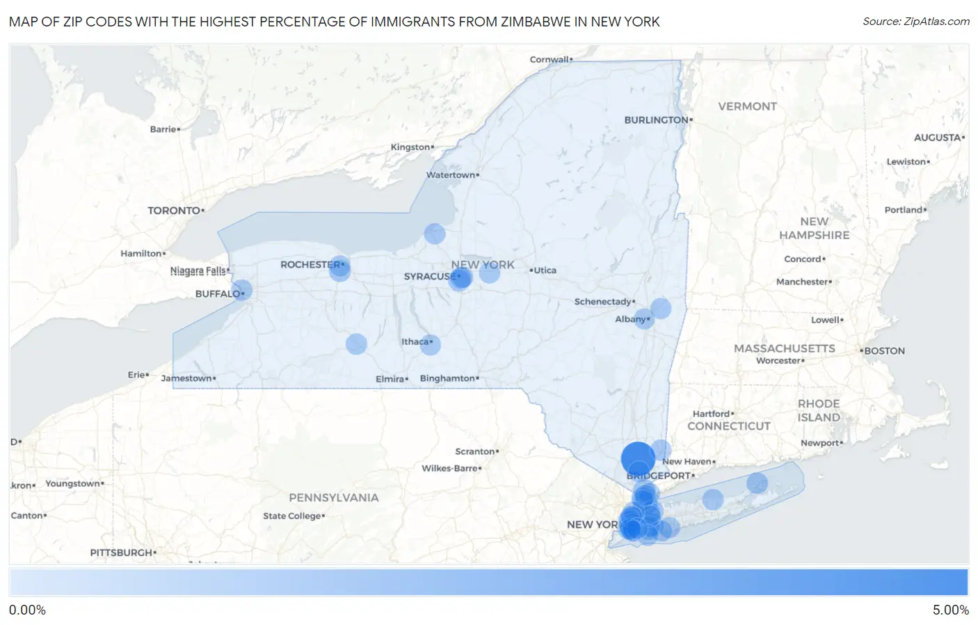 Zip Codes with the Highest Percentage of Immigrants from Zimbabwe in New York Map