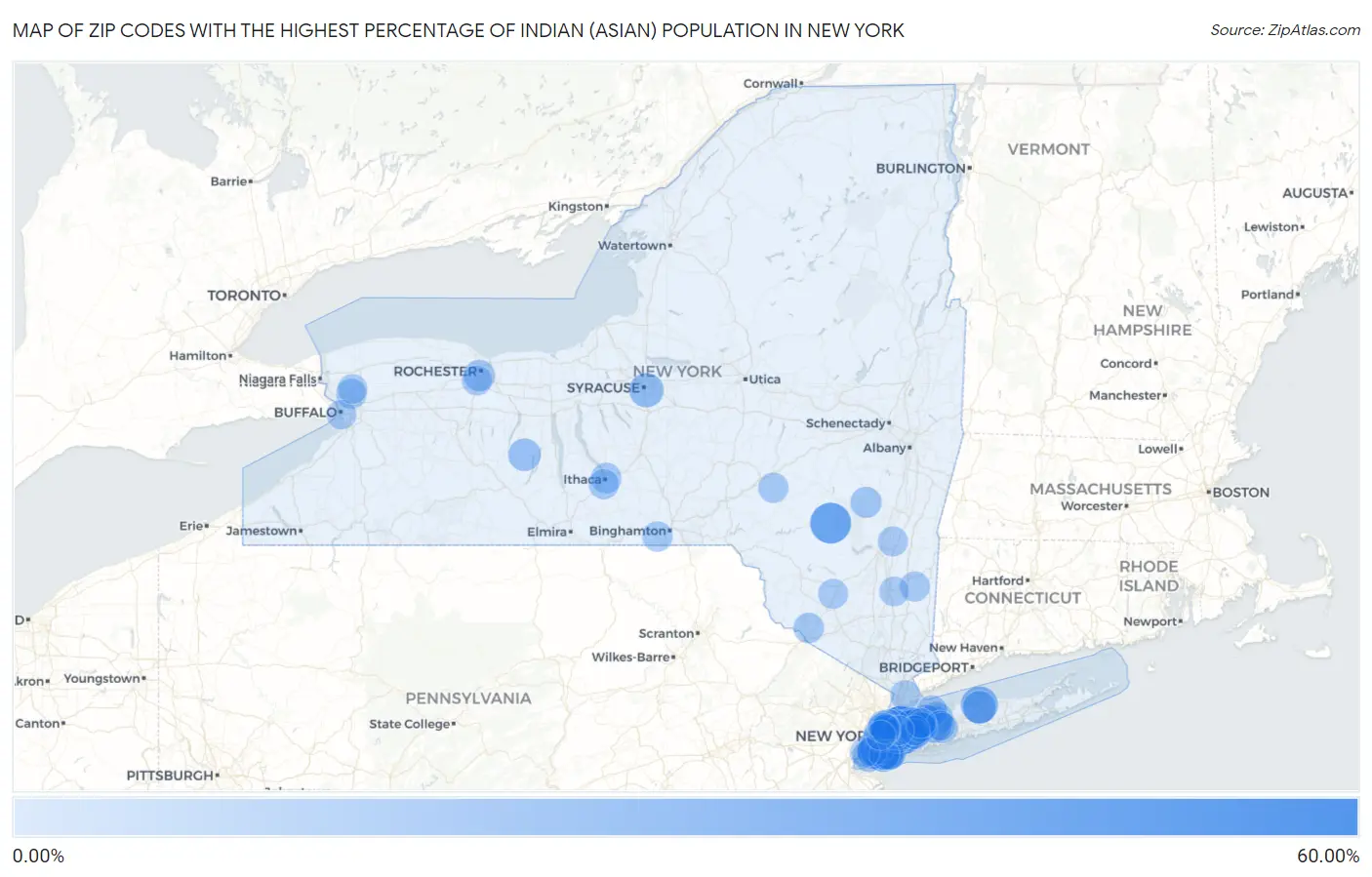 Zip Codes with the Highest Percentage of Indian (Asian) Population in New York Map