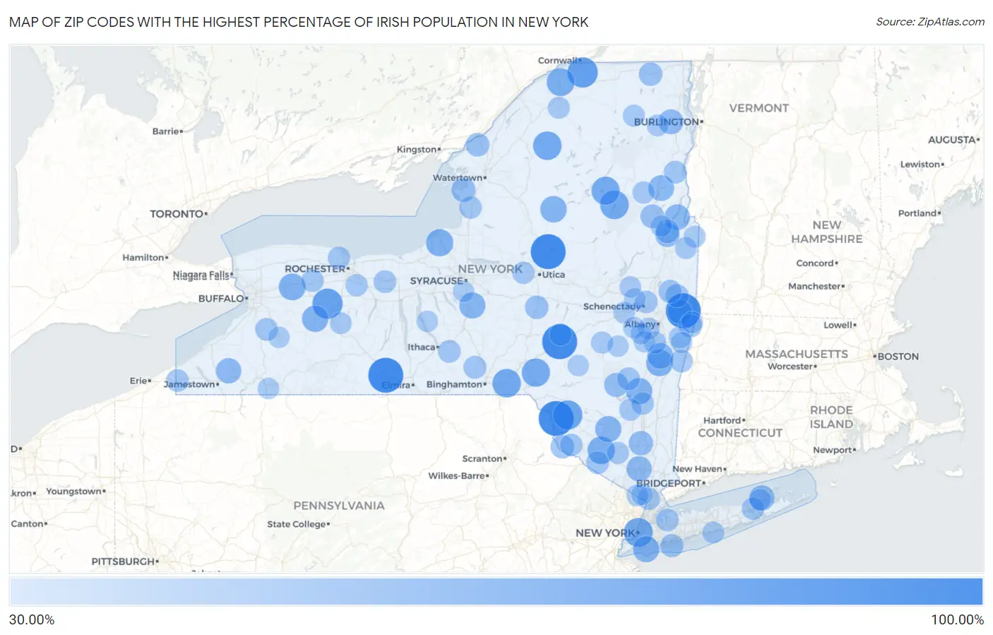 Zip Codes with the Highest Percentage of Irish Population in New York Map
