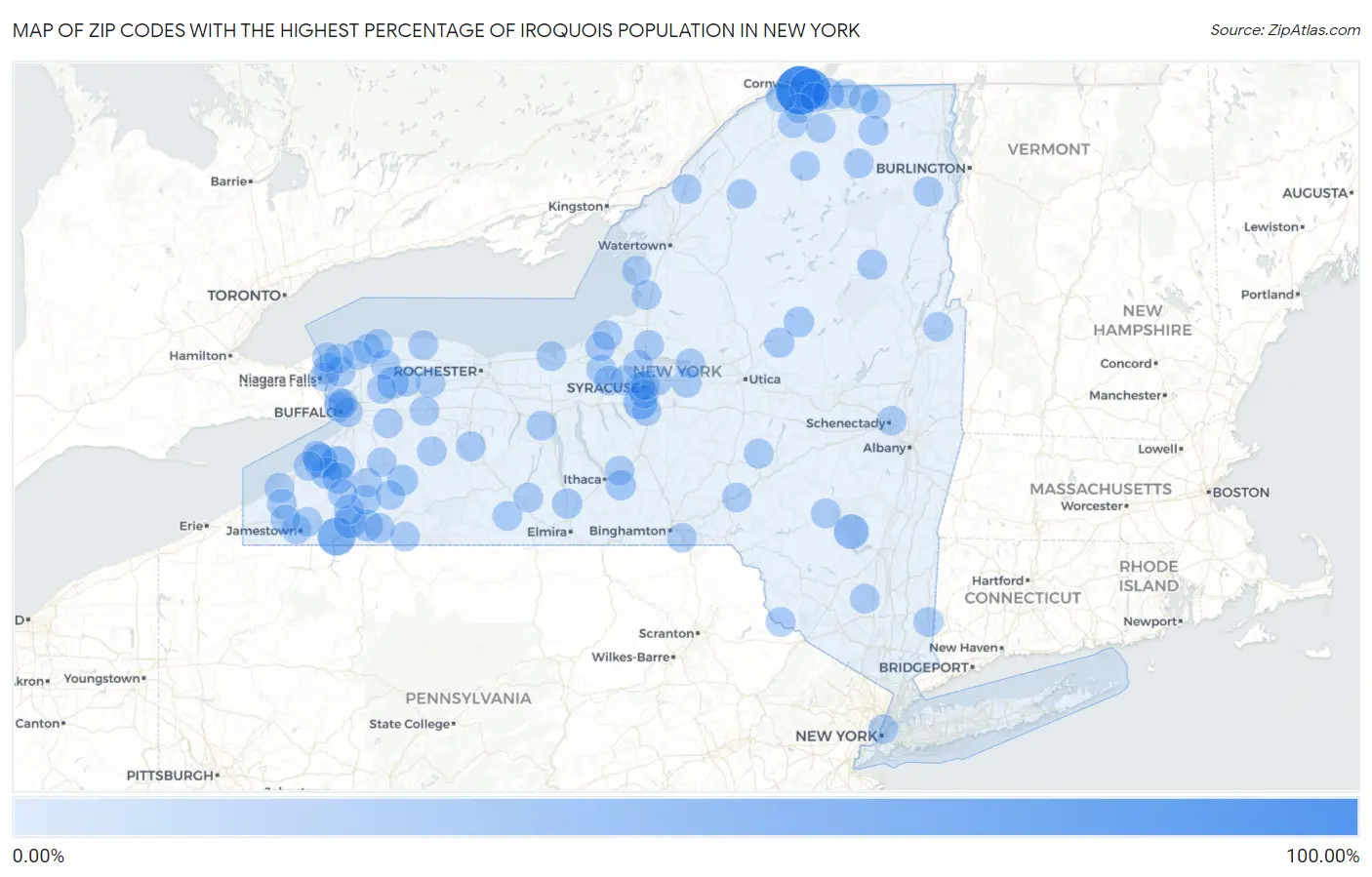 Zip Codes with the Highest Percentage of Iroquois Population in New York Map