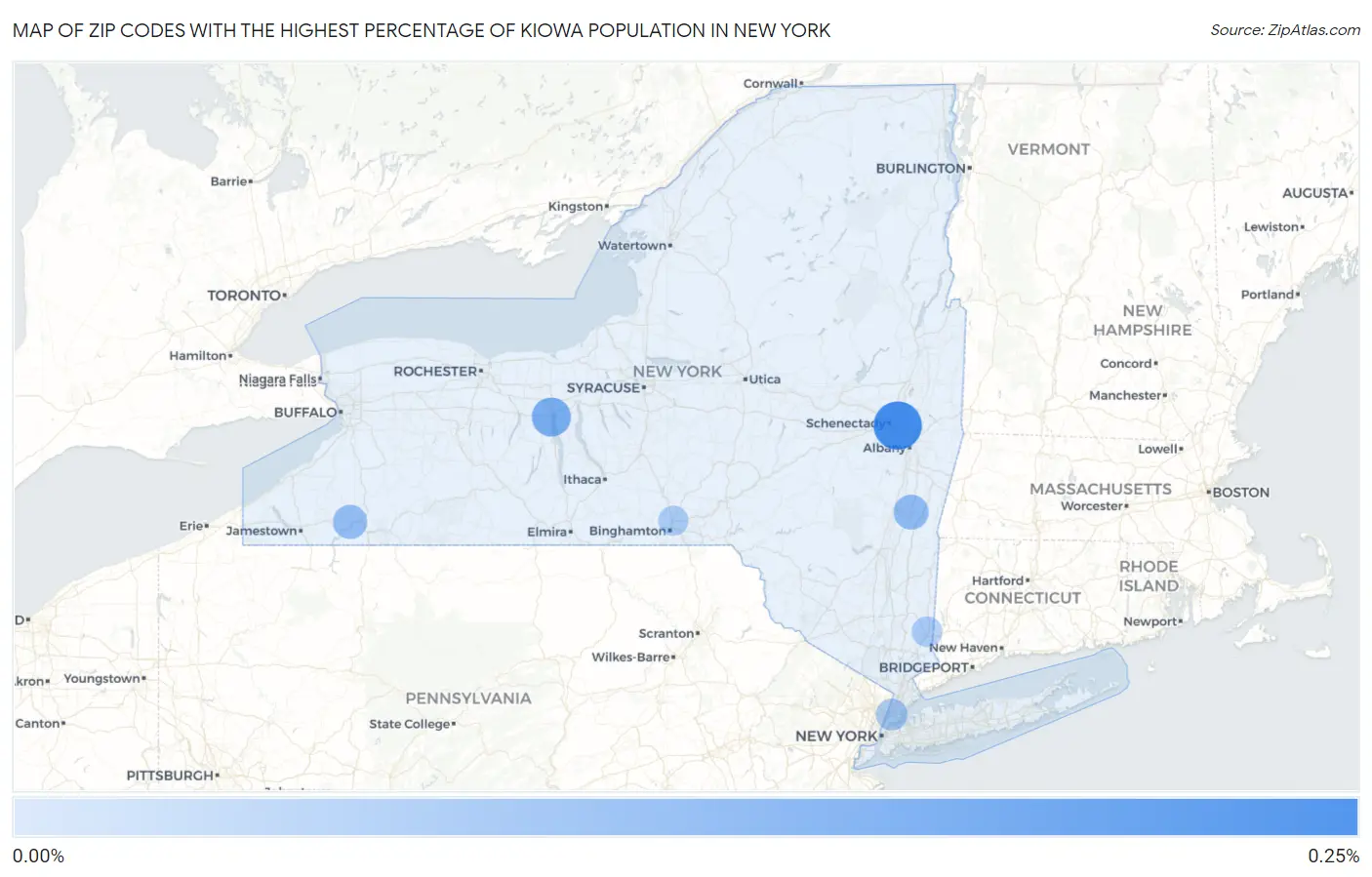 Zip Codes with the Highest Percentage of Kiowa Population in New York Map