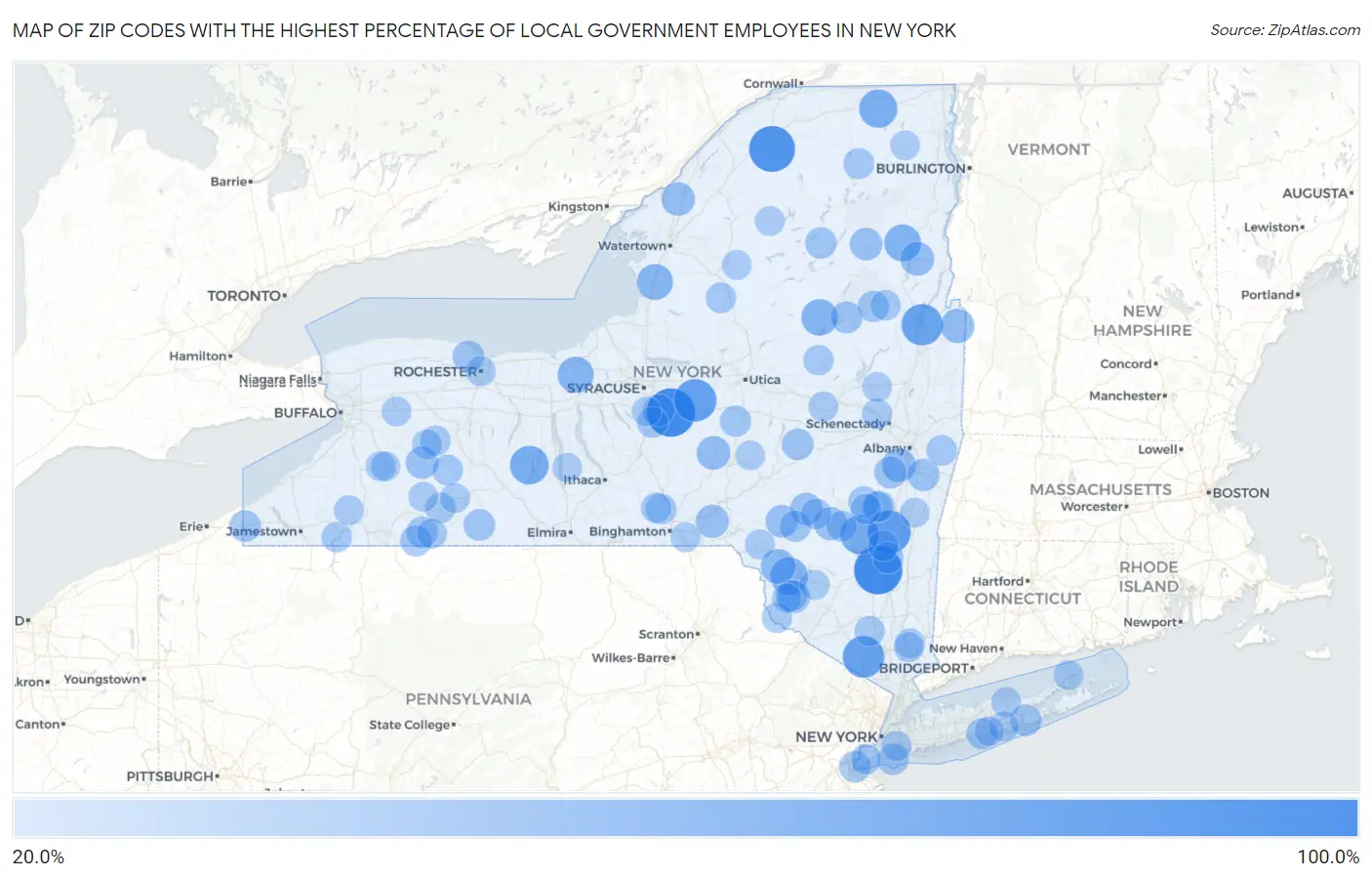 Zip Codes with the Highest Percentage of Local Government Employees in New York Map