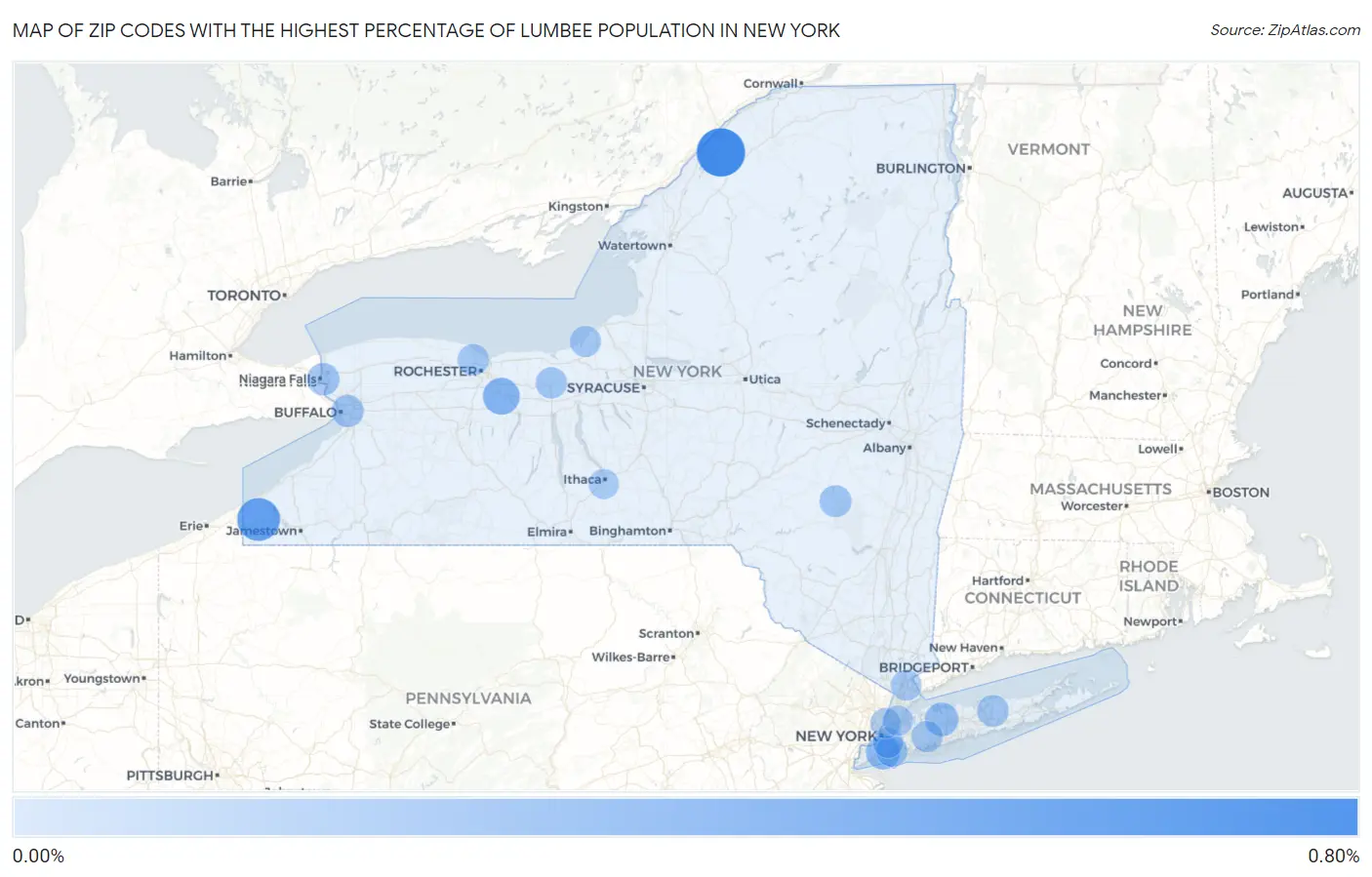 Zip Codes with the Highest Percentage of Lumbee Population in New York Map