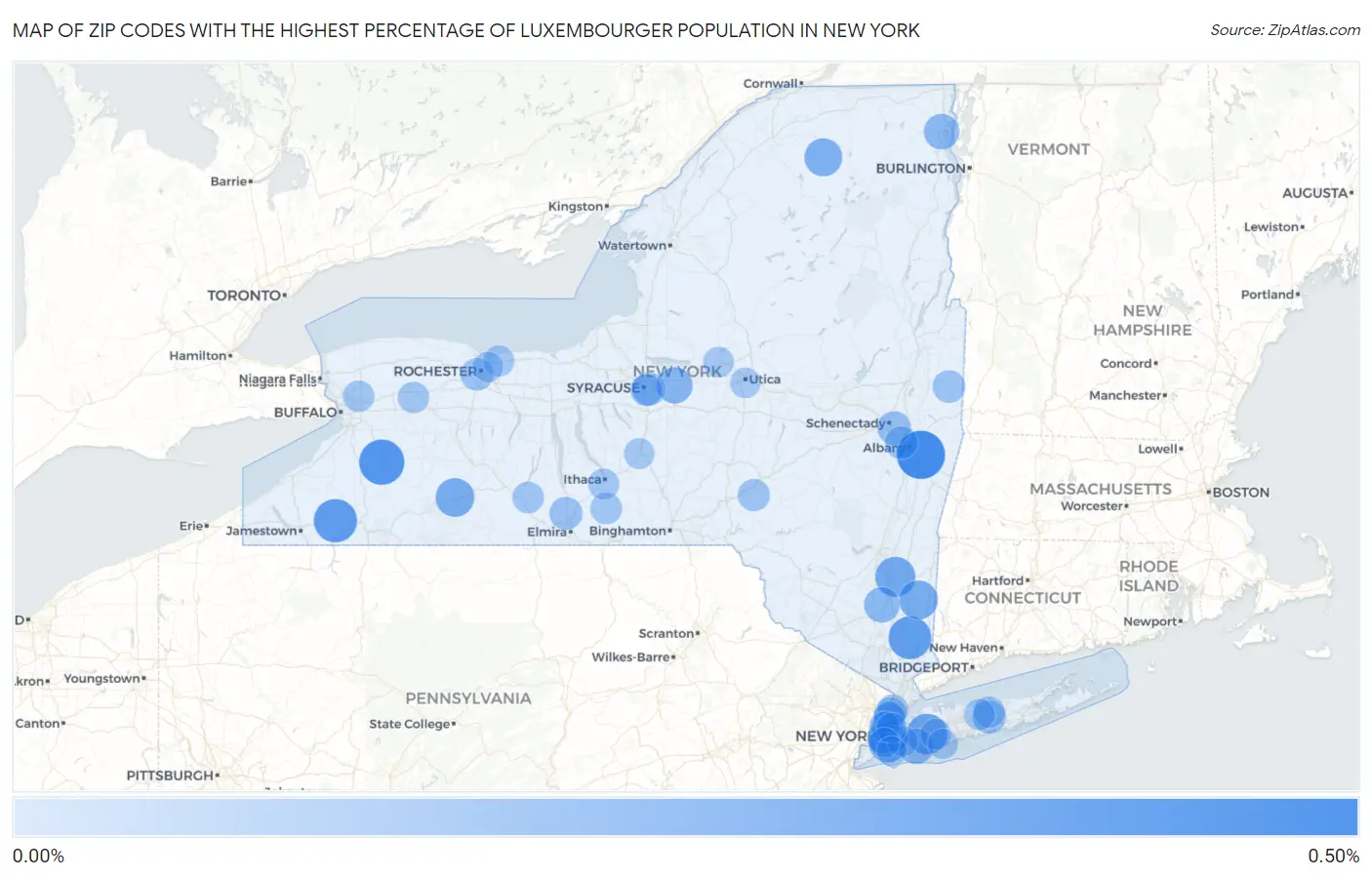 Zip Codes with the Highest Percentage of Luxembourger Population in New York Map