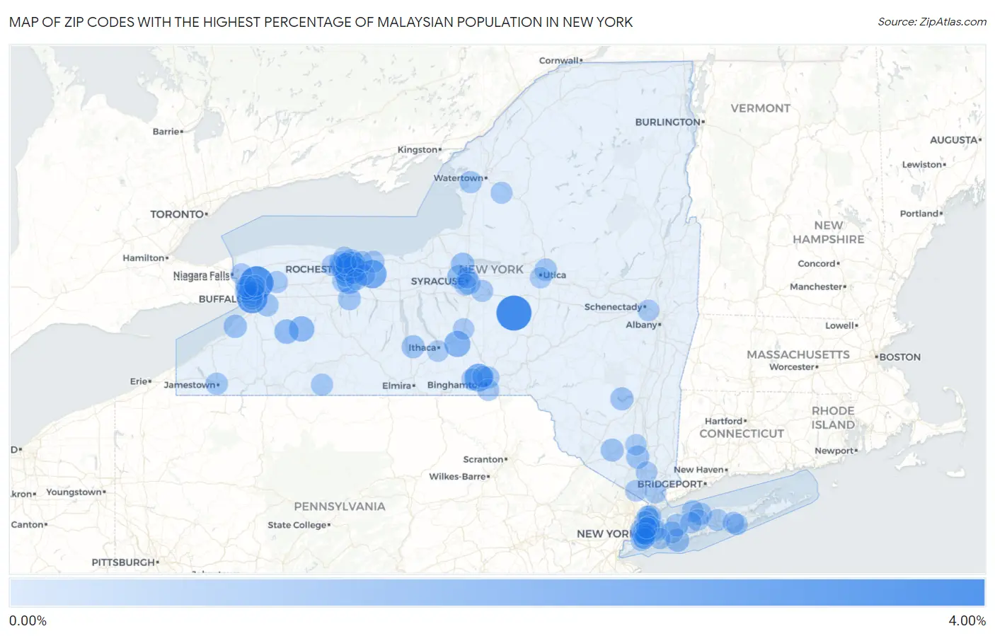 Zip Codes with the Highest Percentage of Malaysian Population in New York Map