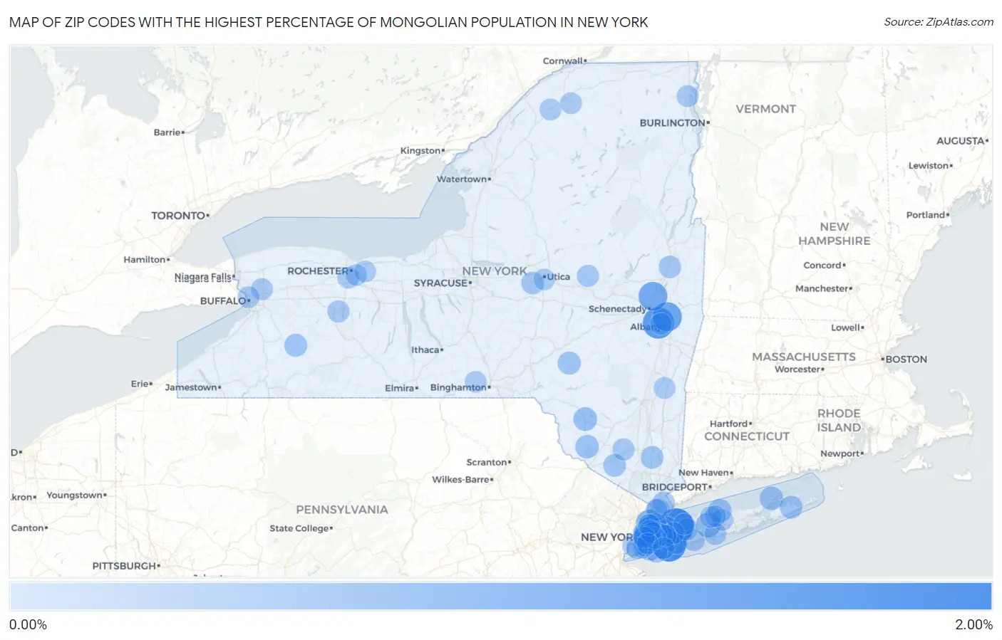 Zip Codes with the Highest Percentage of Mongolian Population in New York Map