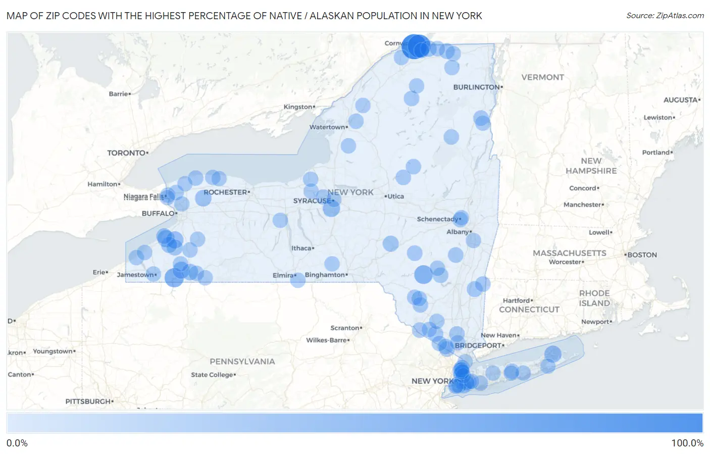 Zip Codes with the Highest Percentage of Native / Alaskan Population in New York Map