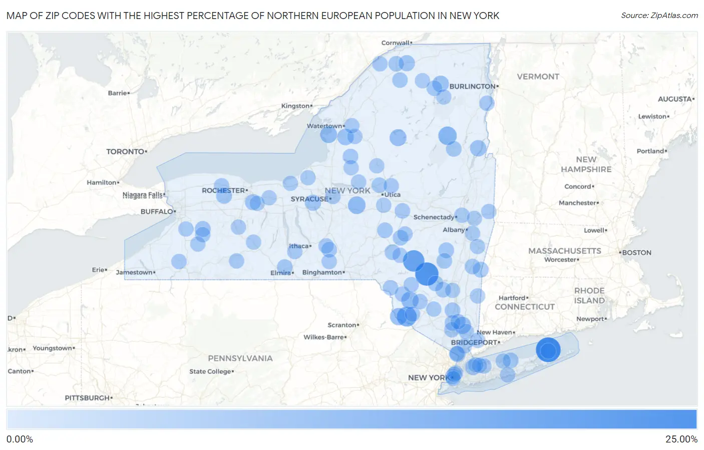 Zip Codes with the Highest Percentage of Northern European Population in New York Map