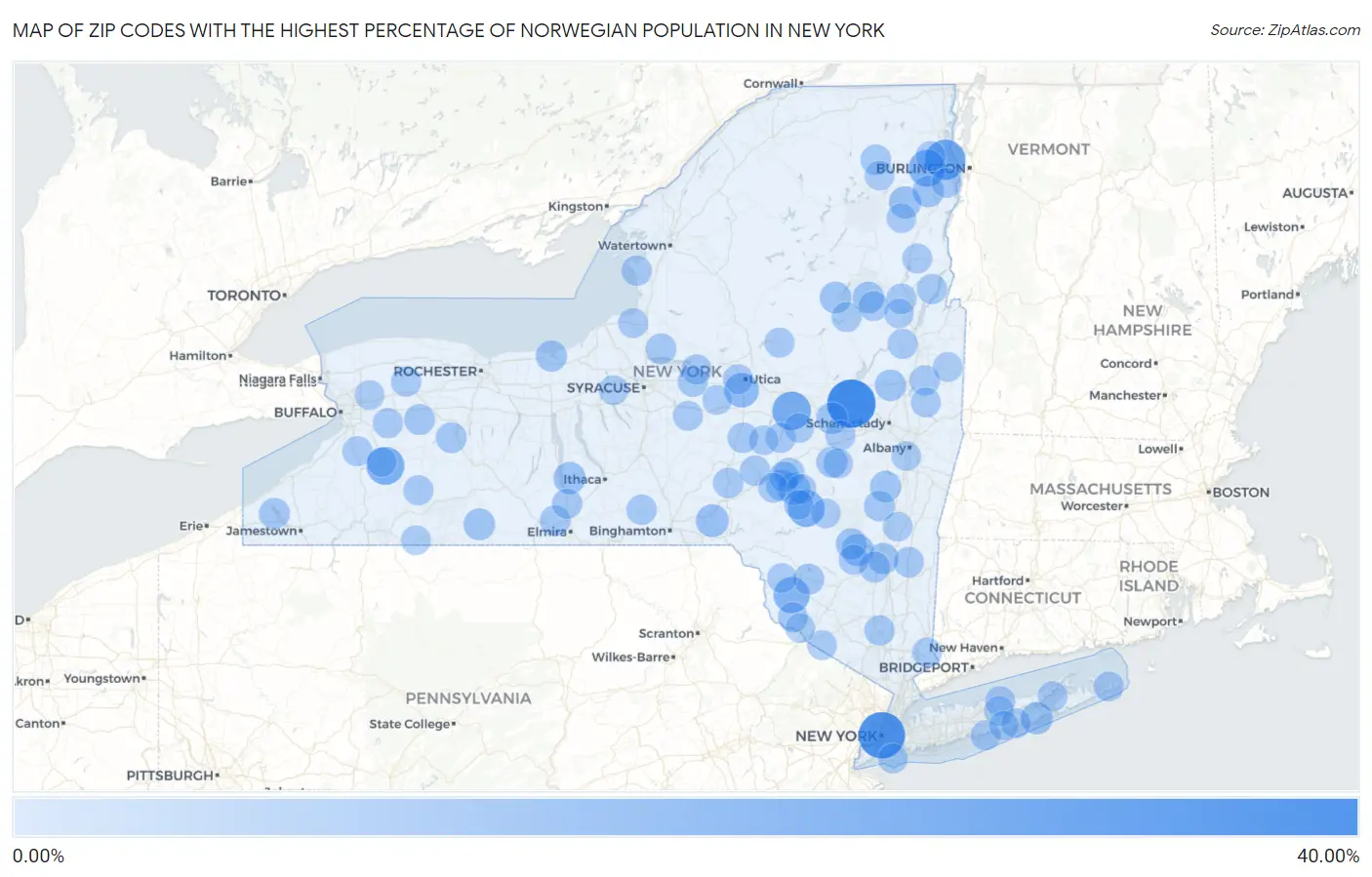 Zip Codes with the Highest Percentage of Norwegian Population in New York Map