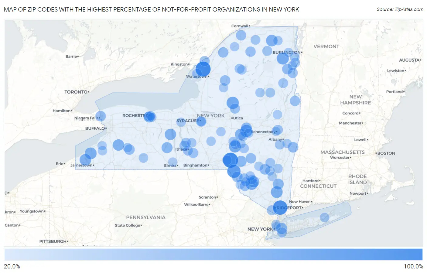 Zip Codes with the Highest Percentage of Not-for-profit Organizations in New York Map