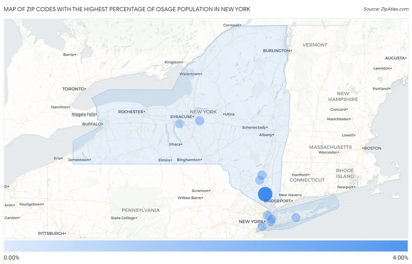 Zip Codes with the Highest Percentage of Osage Population in New York Map