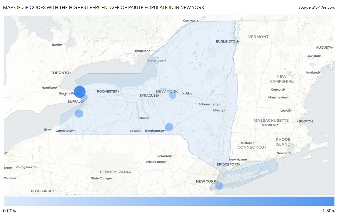 Zip Codes with the Highest Percentage of Paiute Population in New York Map