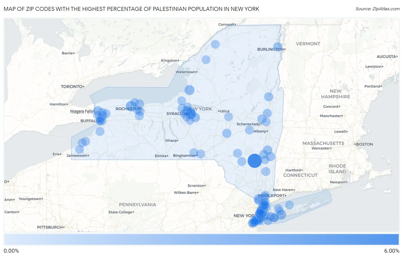 Zip Codes with the Highest Percentage of Palestinian Population in New York Map