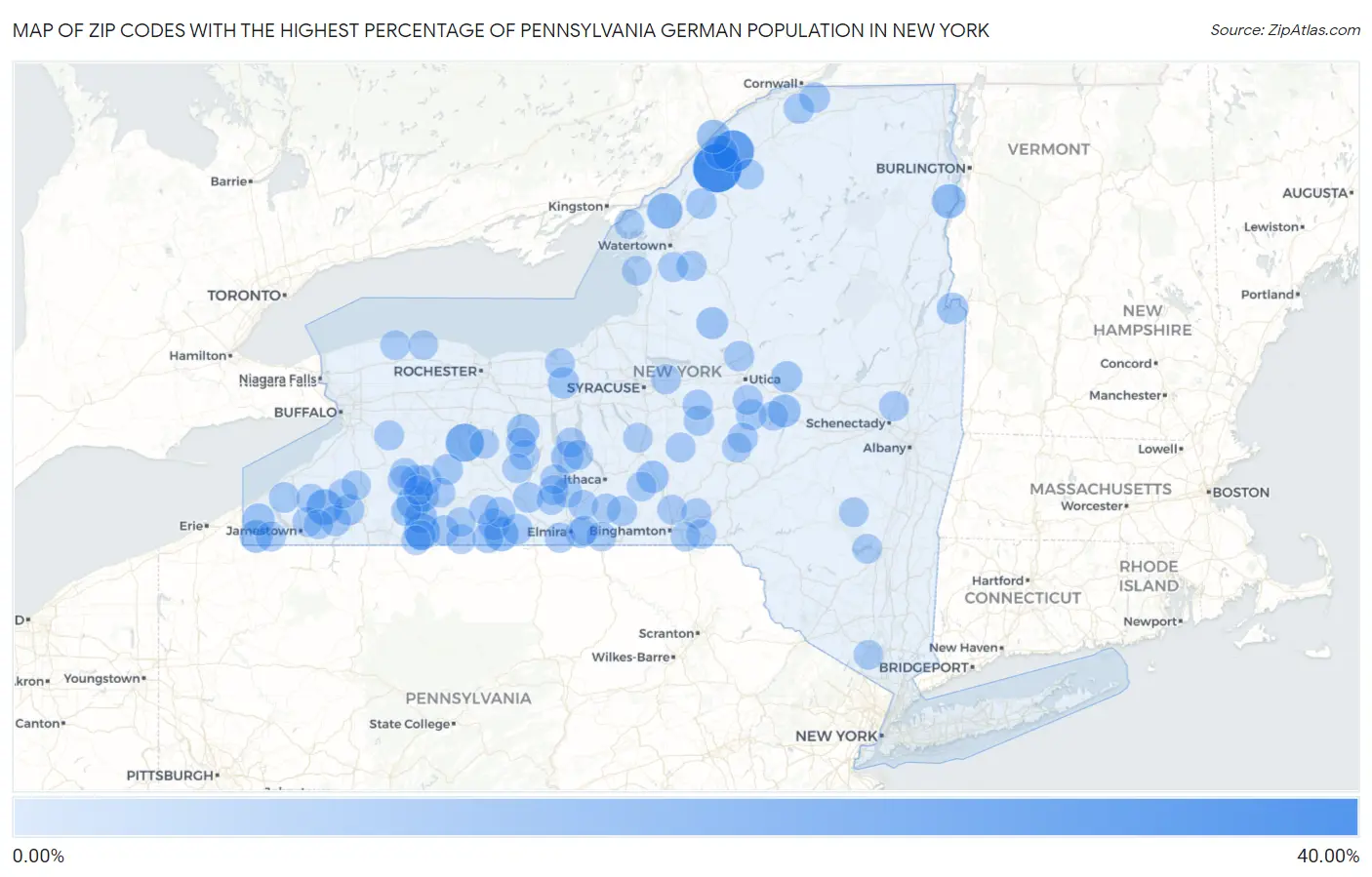Zip Codes with the Highest Percentage of Pennsylvania German Population in New York Map