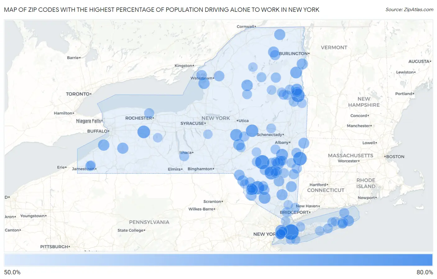 Zip Codes with the Highest Percentage of Population Driving Alone to Work in New York Map