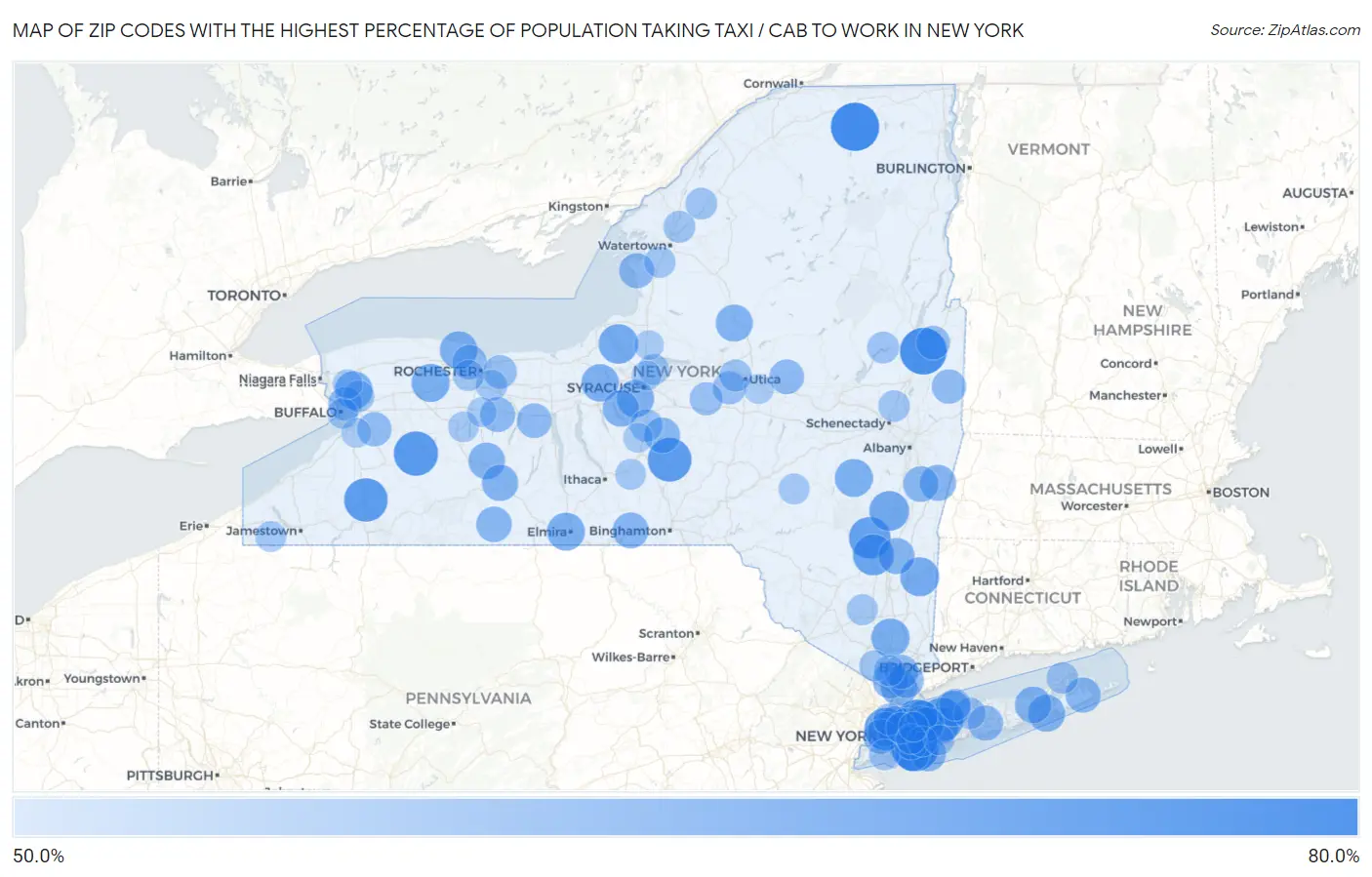 Zip Codes with the Highest Percentage of Population Taking Taxi / Cab to Work in New York Map