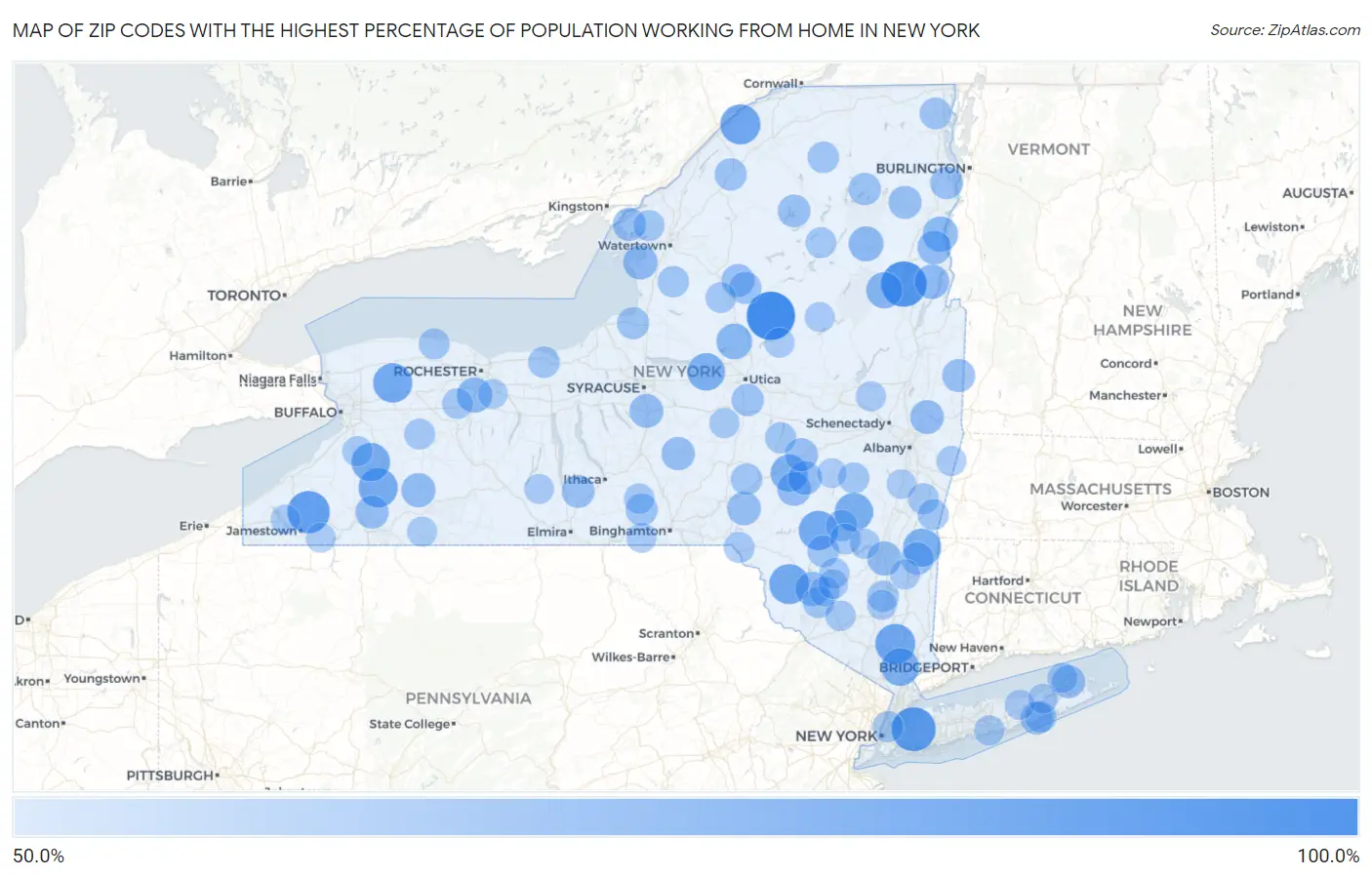 Zip Codes with the Highest Percentage of Population Working from Home in New York Map