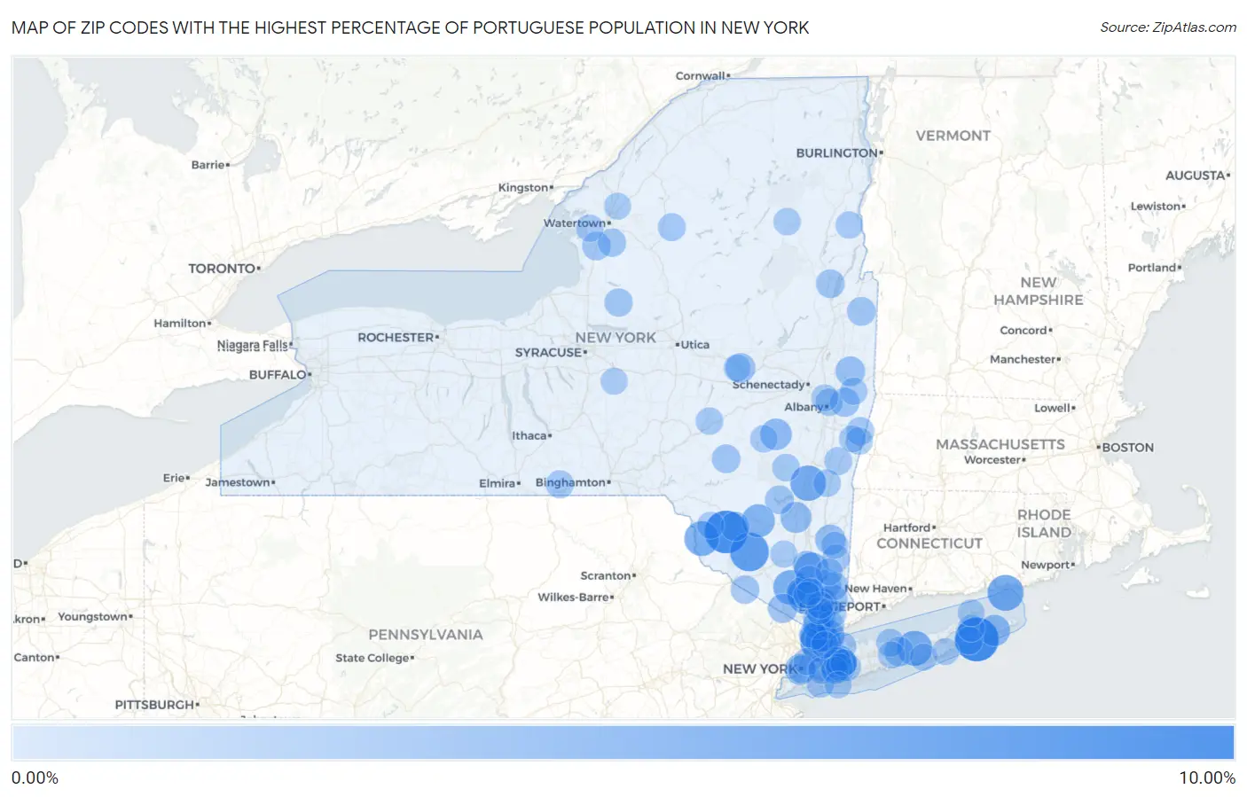 Zip Codes with the Highest Percentage of Portuguese Population in New York Map
