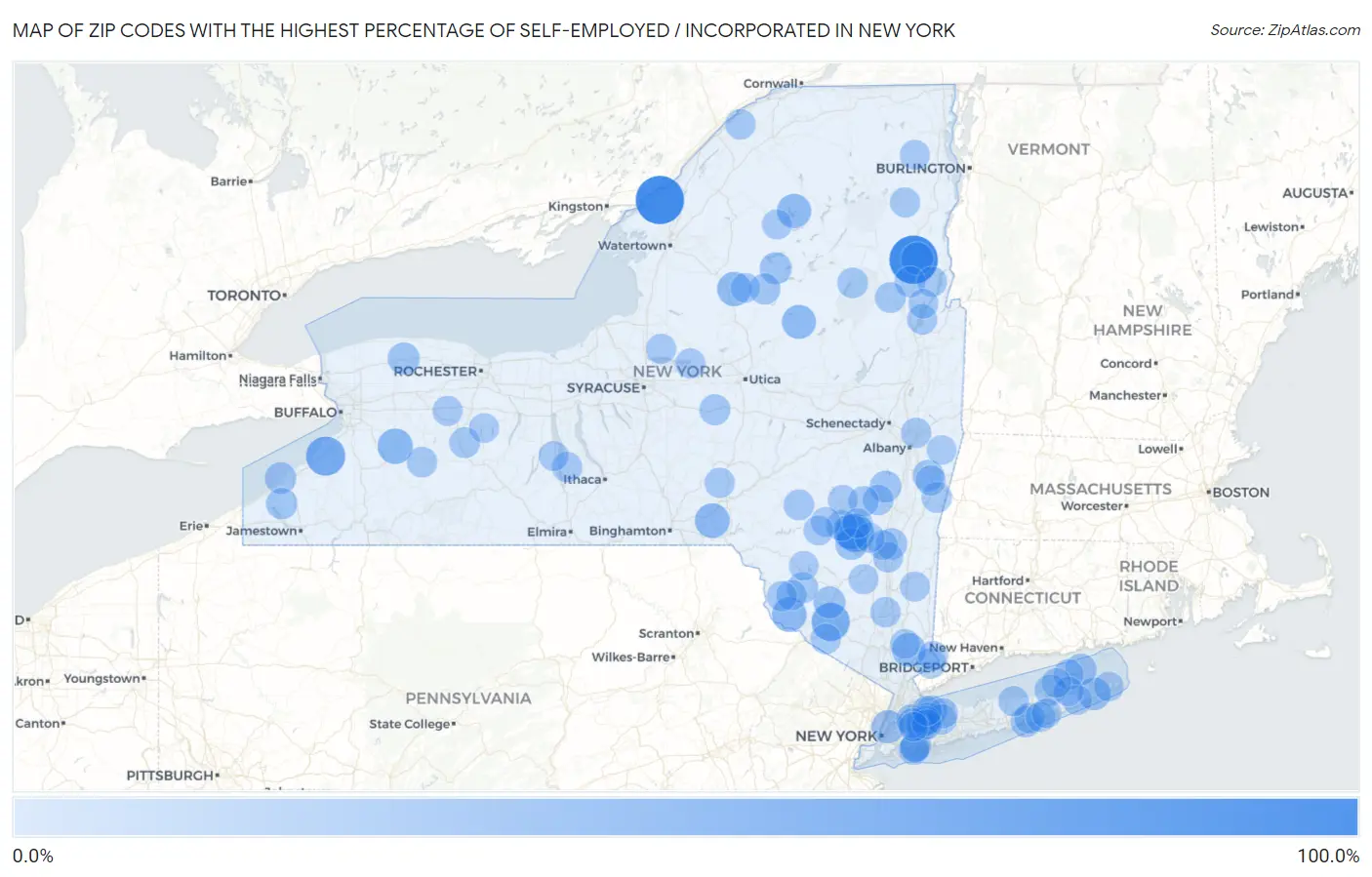 Zip Codes with the Highest Percentage of Self-Employed / Incorporated in New York Map