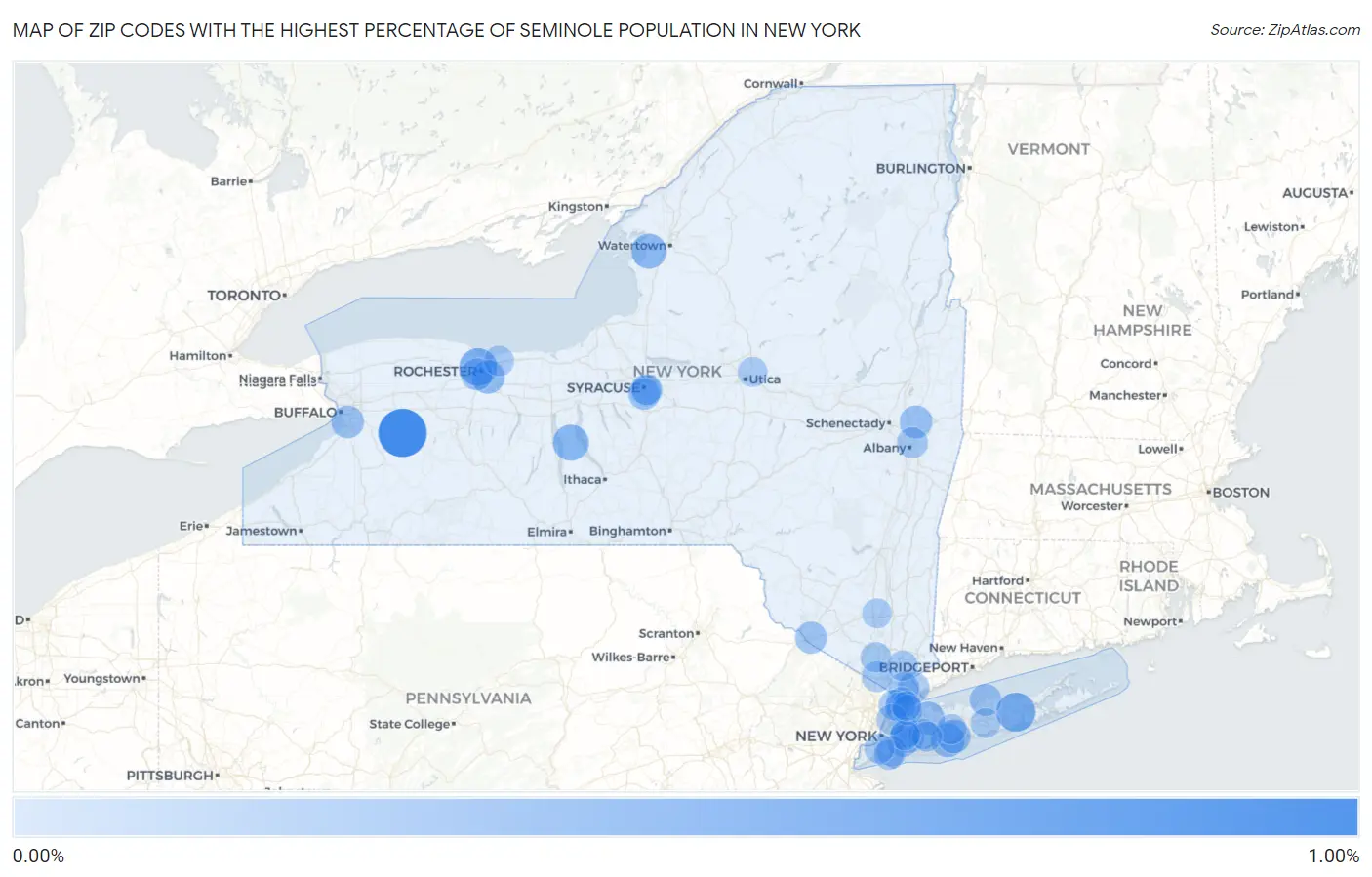 Zip Codes with the Highest Percentage of Seminole Population in New York Map