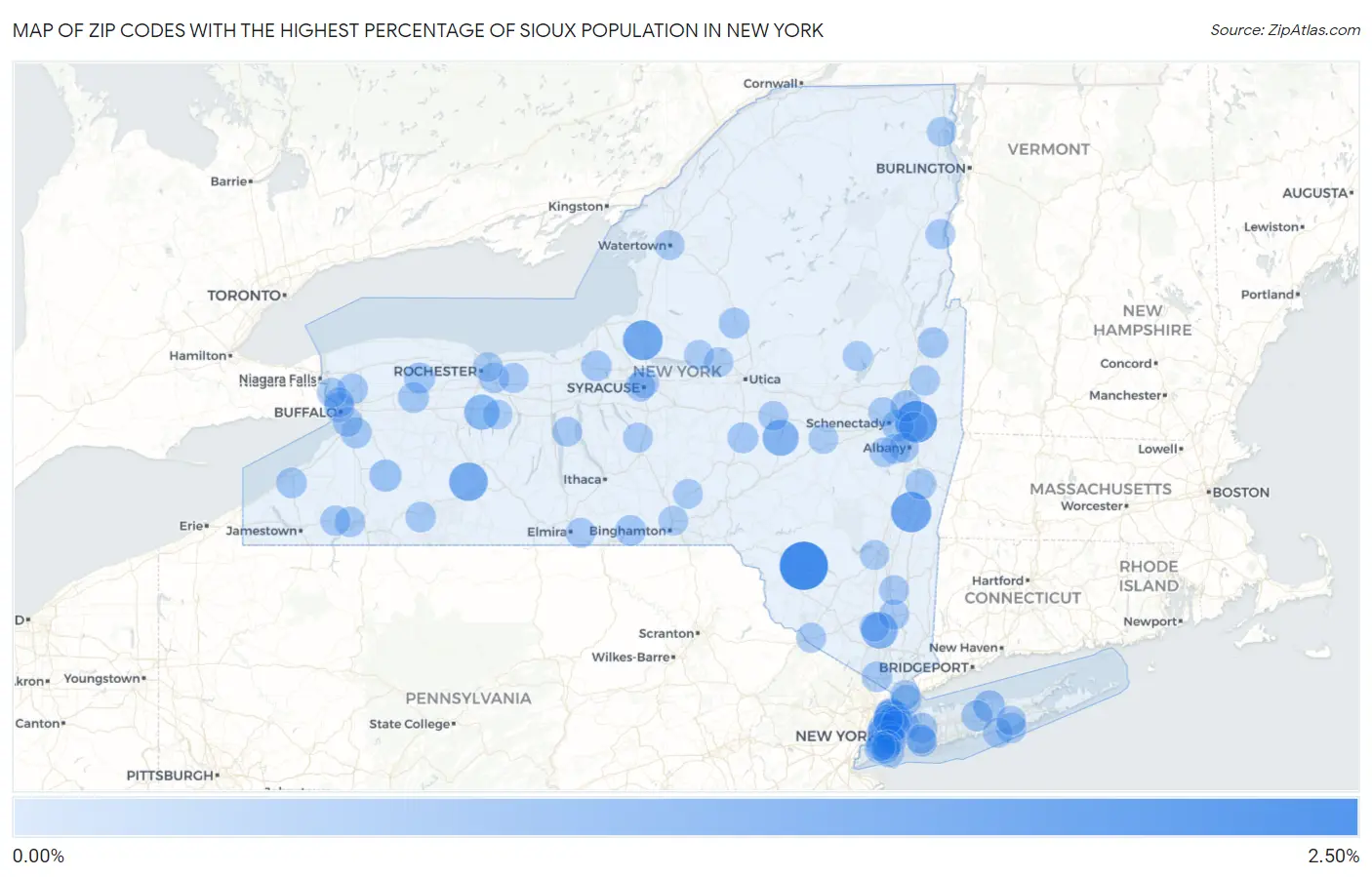 Zip Codes with the Highest Percentage of Sioux Population in New York Map