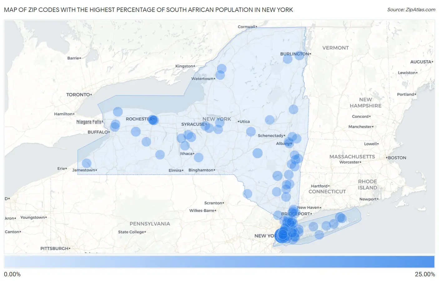 Zip Codes with the Highest Percentage of South African Population in New York Map